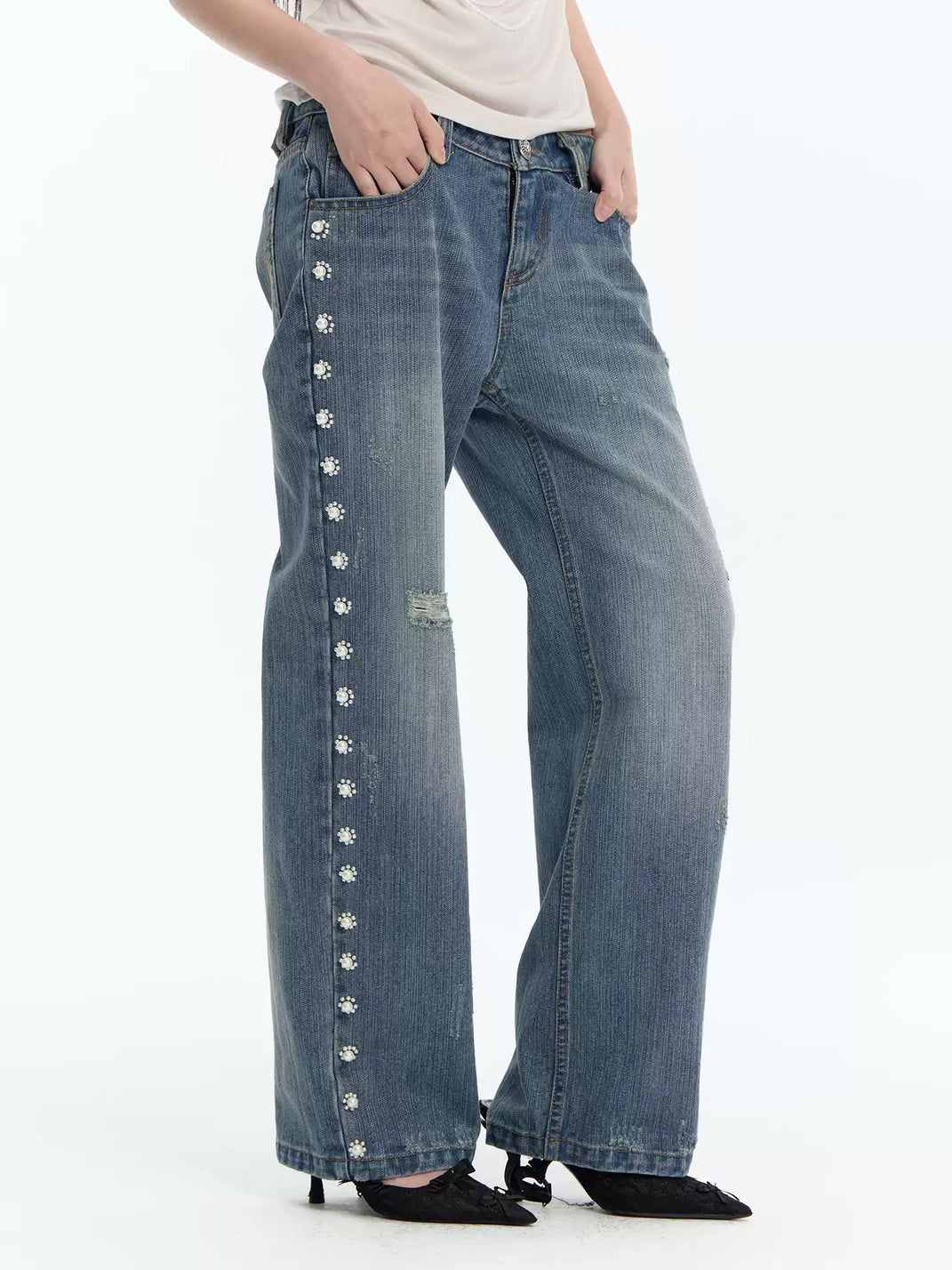 Pearl Flower Side Trim Flare Jeans - product view 2