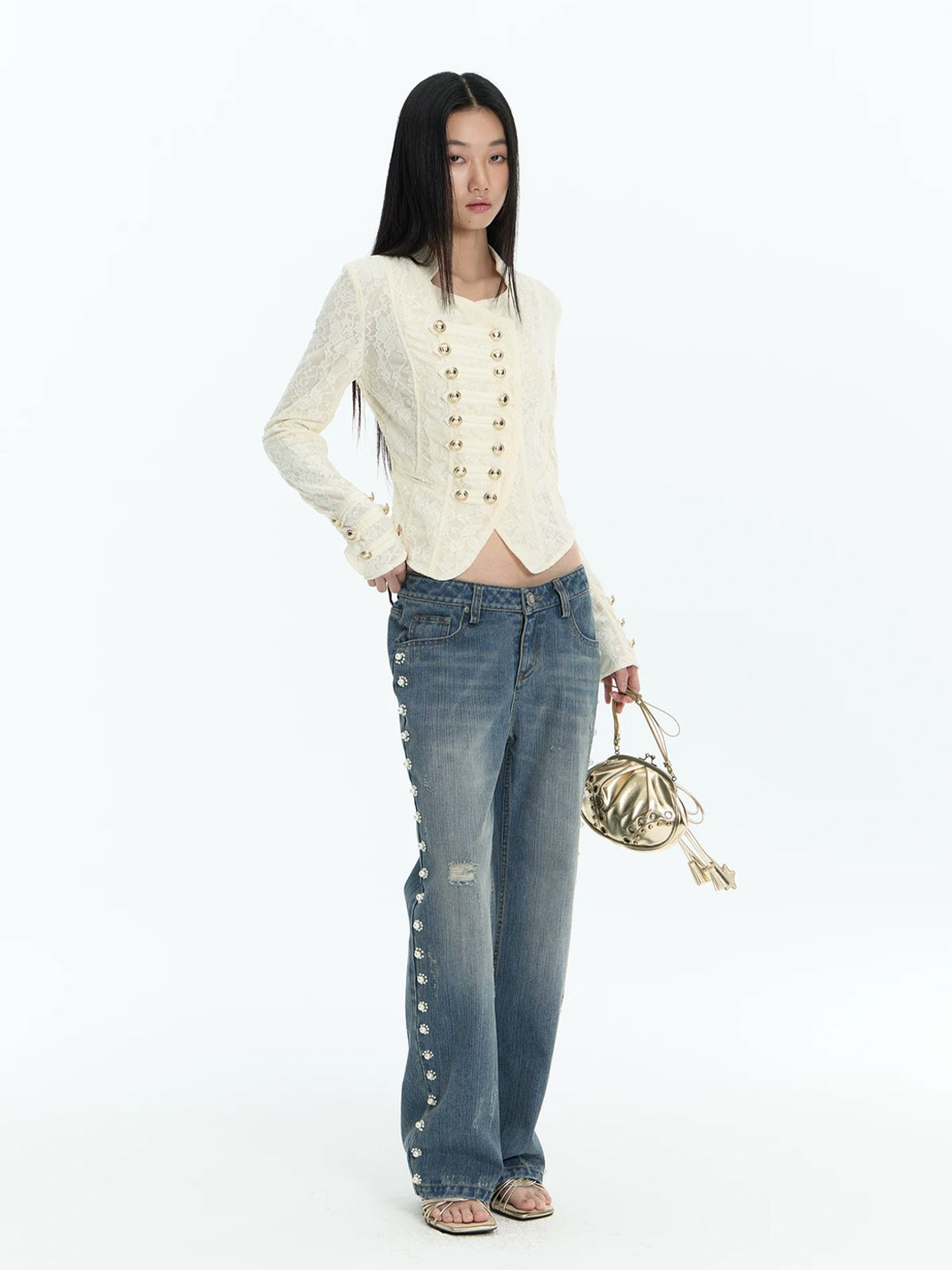Pearl Flower Side Trim Flare Jeans - product view 4