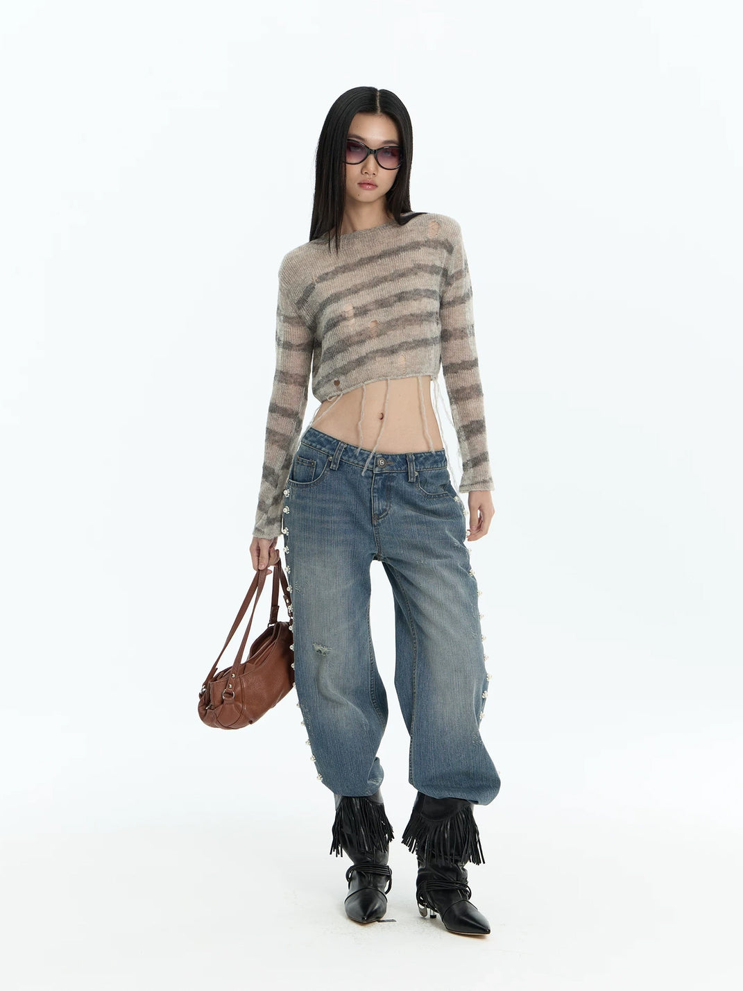 Pearl Flower Side Trim Flare Jeans - product view 7