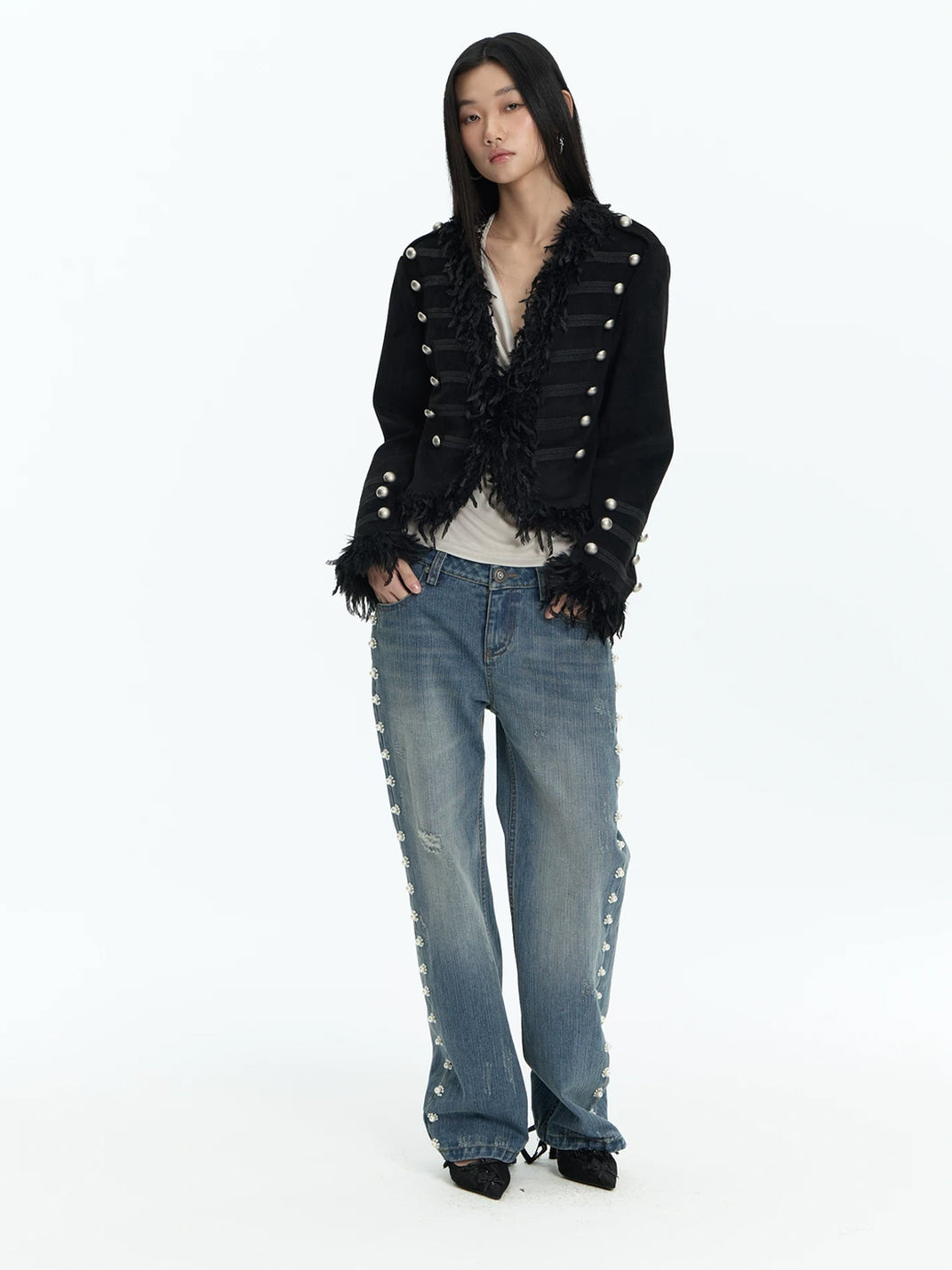 Pearl Flower Side Trim Flare Jeans - product view 8