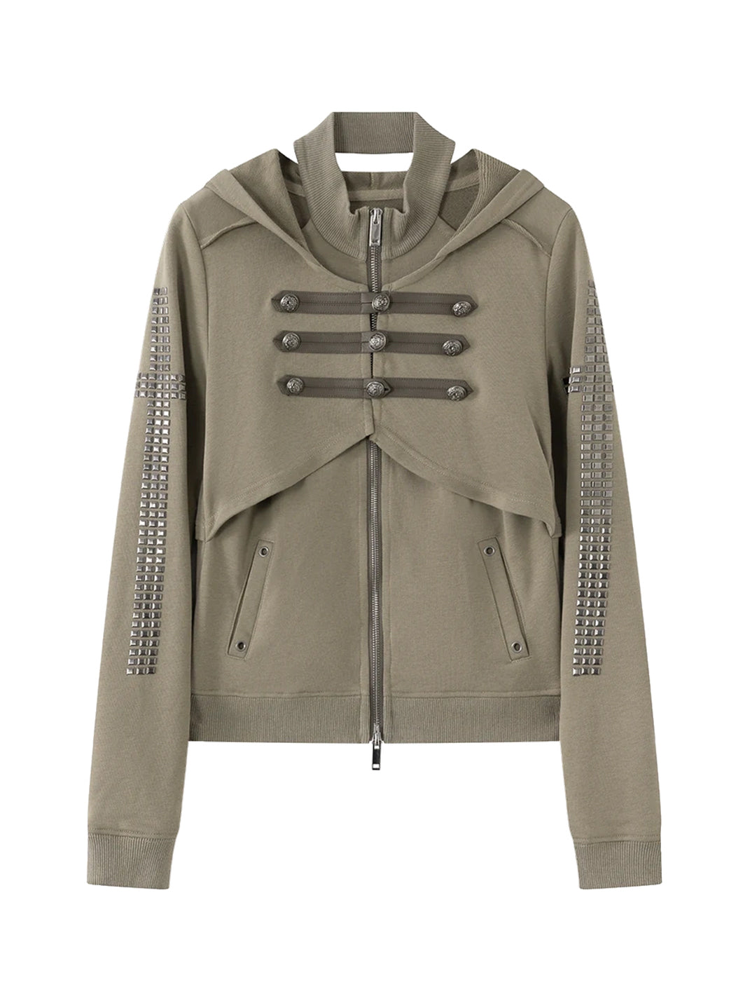 Military Button Studded Cotton Zip Hoodie - product view 1