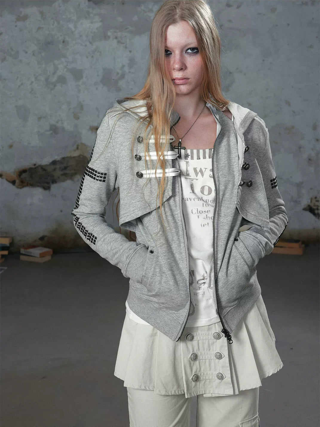 Military Button Studded Cotton Zip Hoodie - product view 10