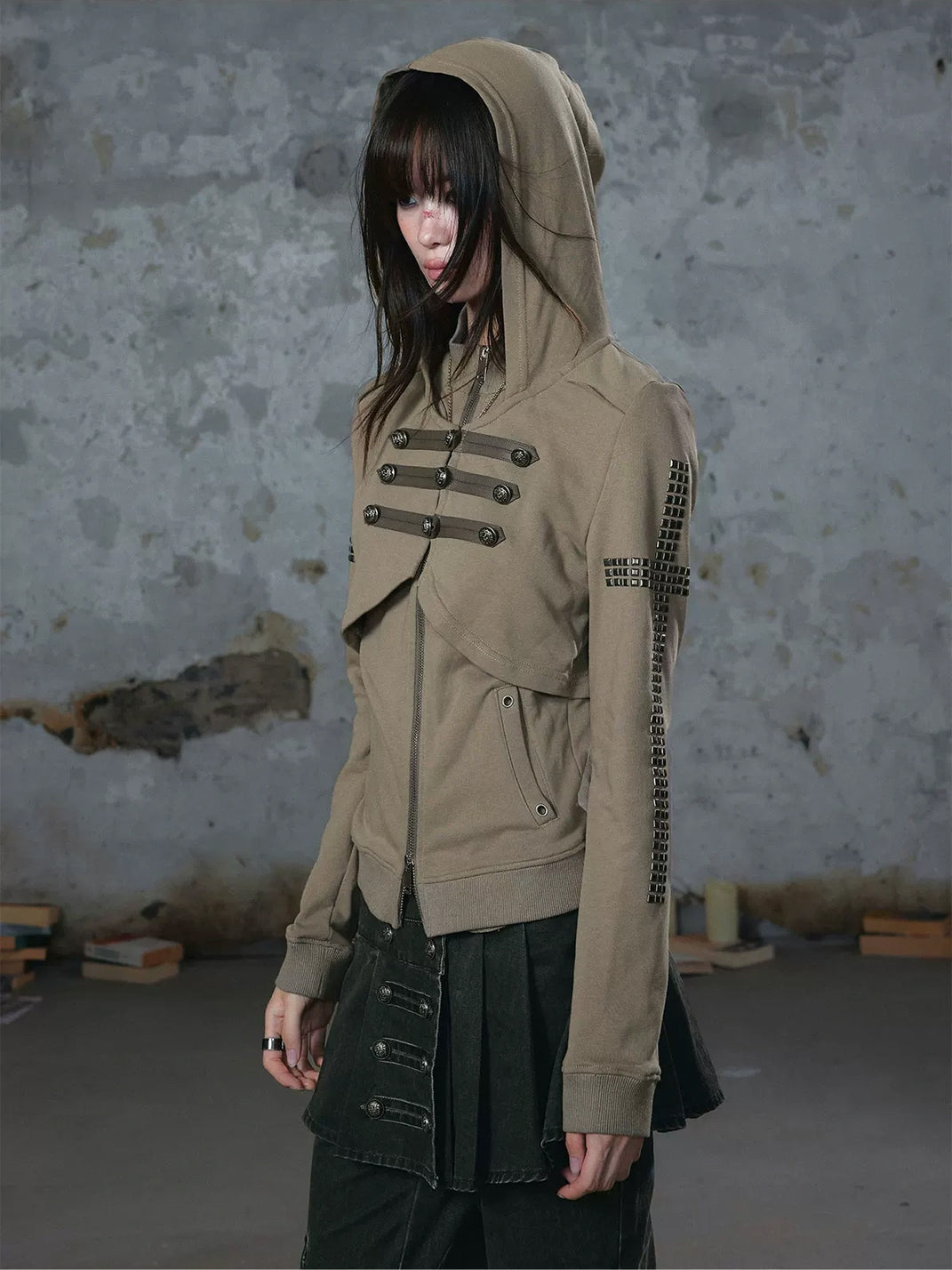 Military Button Studded Cotton Zip Hoodie - product view 2