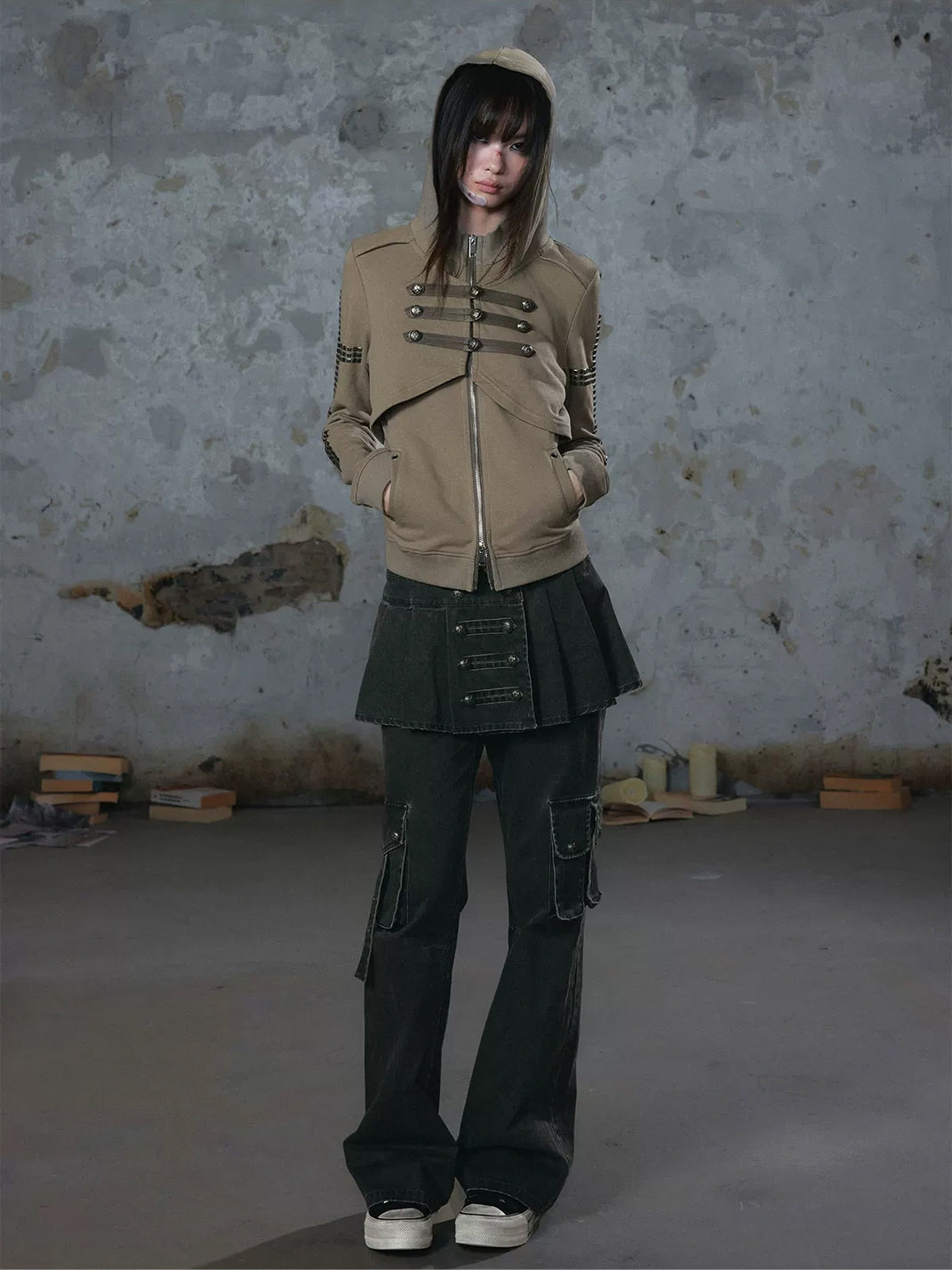 Military Button Studded Cotton Zip Hoodie - product view 4