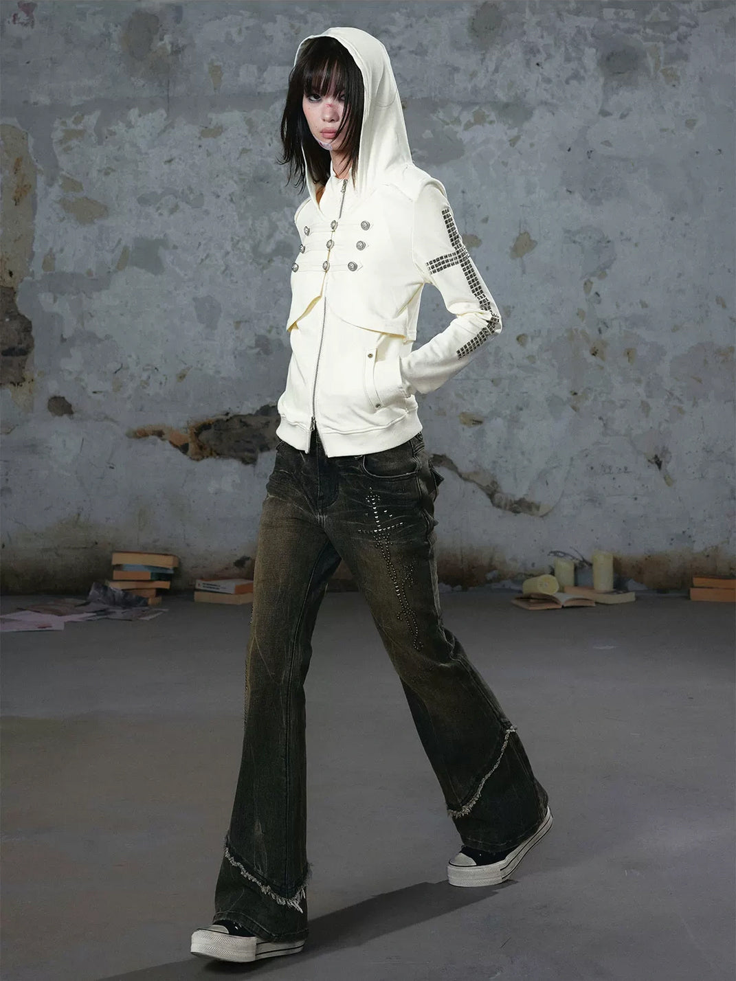 Military Button Studded Cotton Zip Hoodie - product view 8