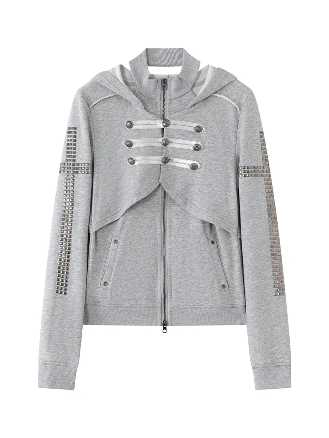 Military Button Studded Cotton Zip Hoodie - product view 9