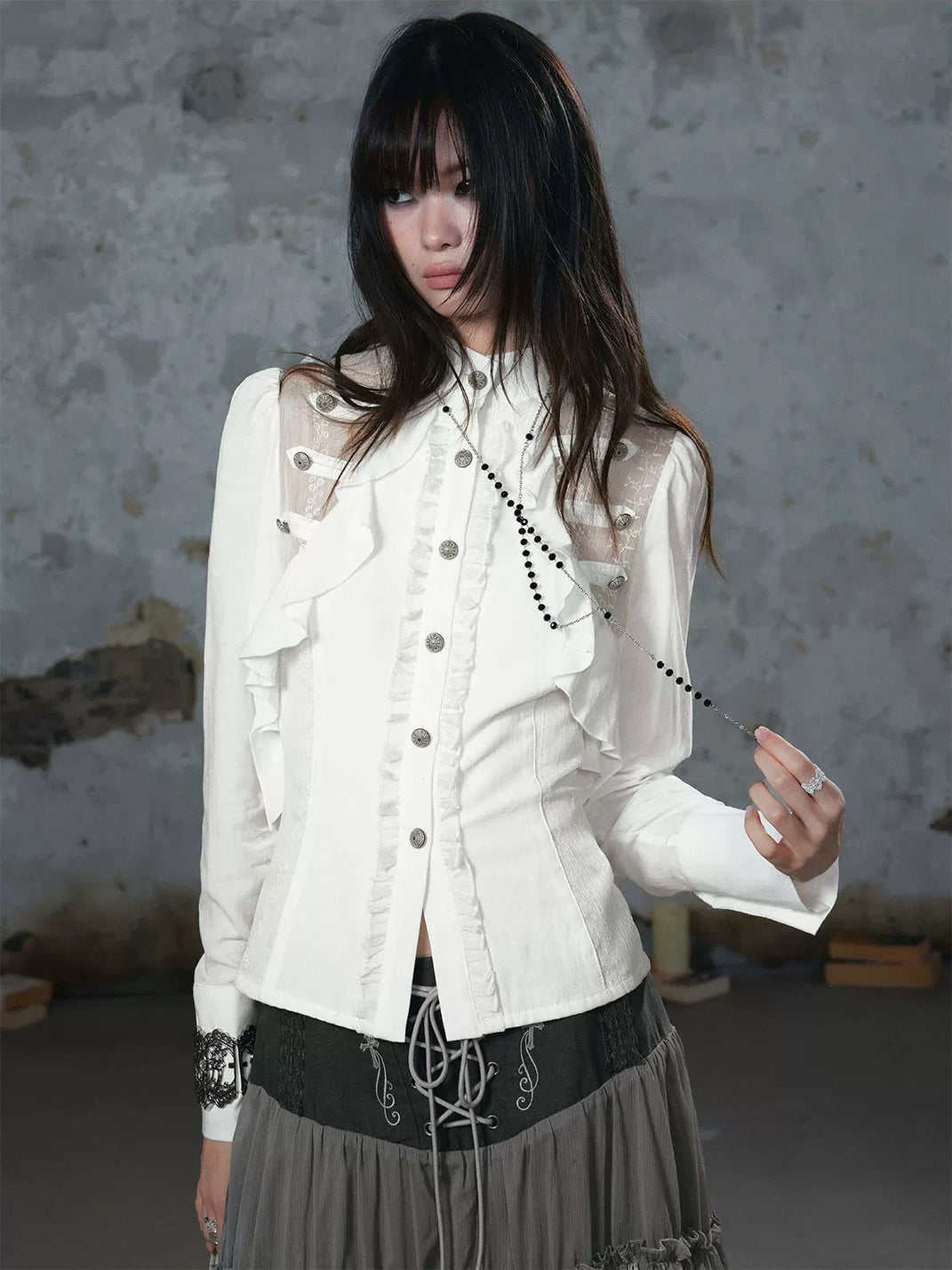 Ruffled Lace Panel Corset Back Shirt - view 2