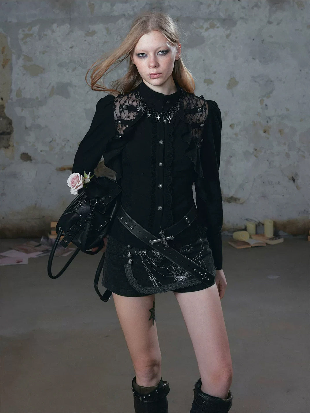 Ruffled Lace Panel Corset Back Shirt - view 9