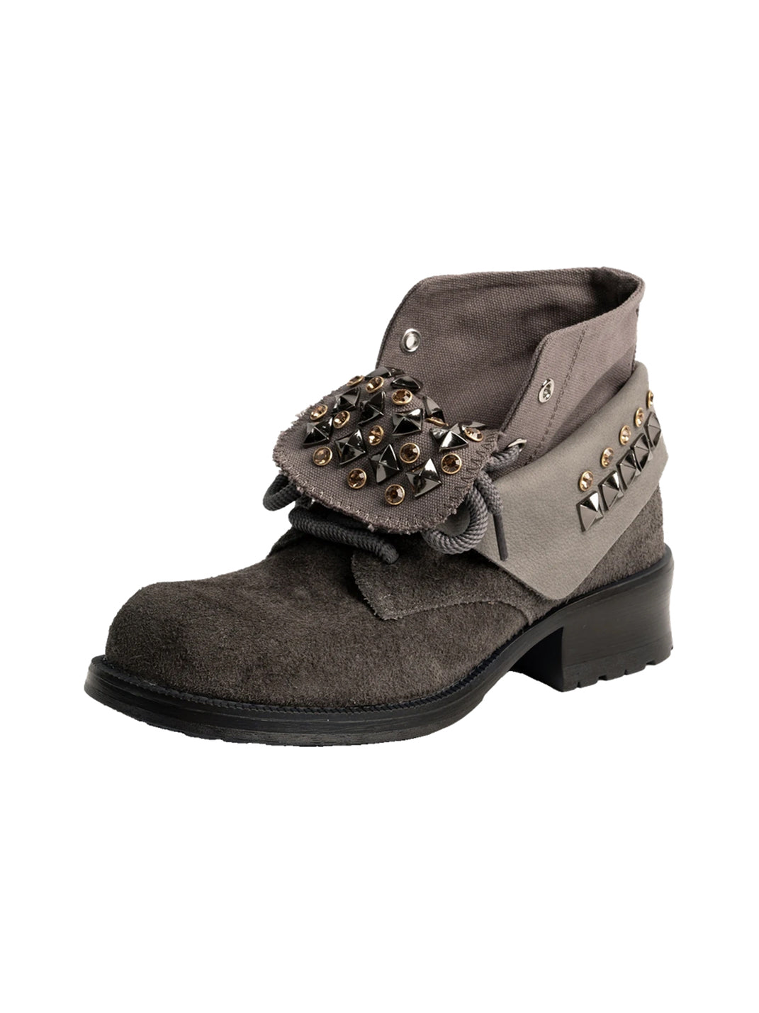 Studded Foldover Collar Suede Ankle Boots - 8