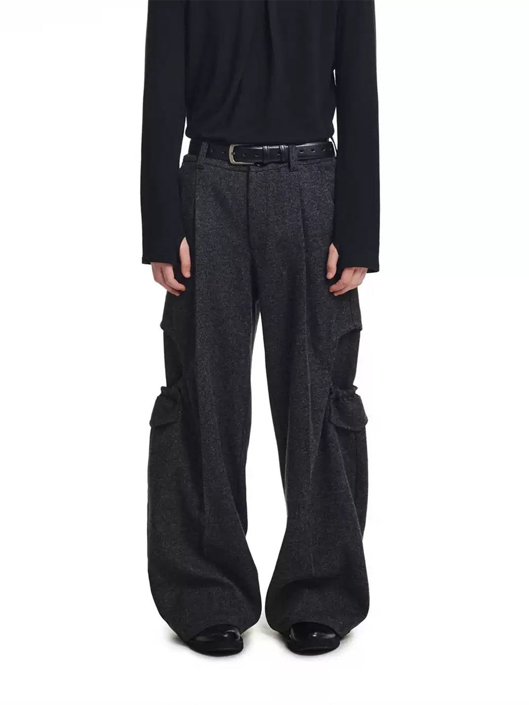 Draped Oval Pocket Textured Wide Trousers - view 2