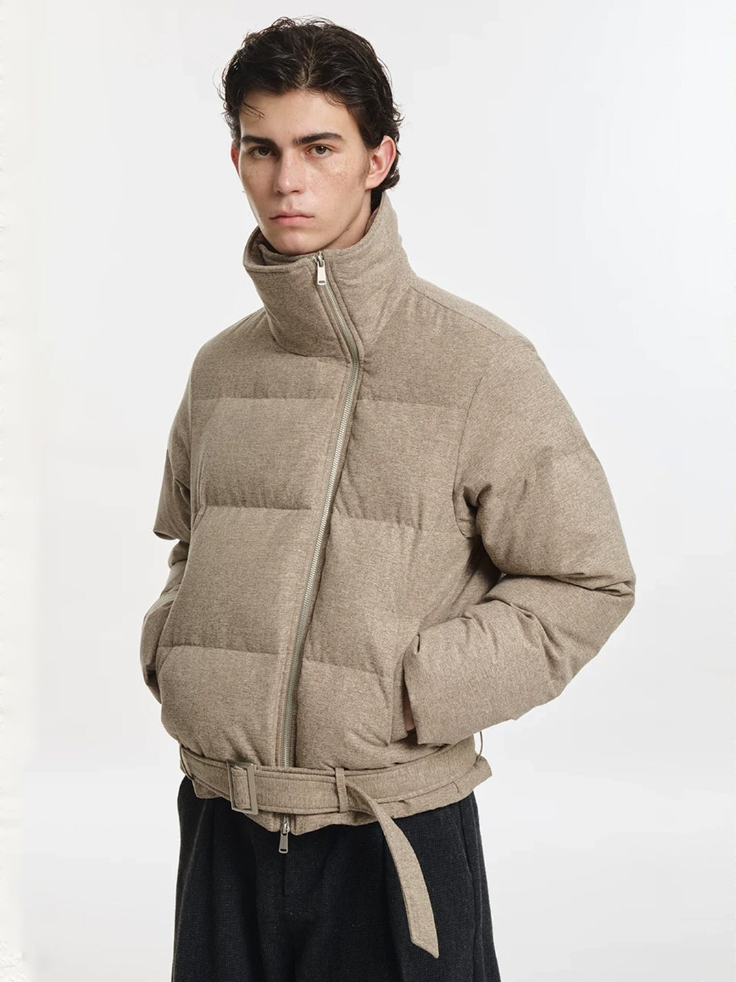 Belted Asymmetric Zip Quilted Down Jacket - product view 3