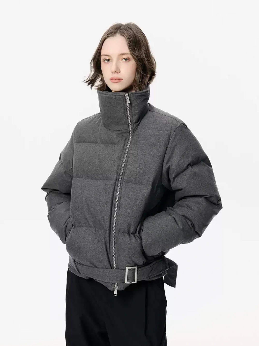 Belted Asymmetric Zip Quilted Down Jacket - product view 8