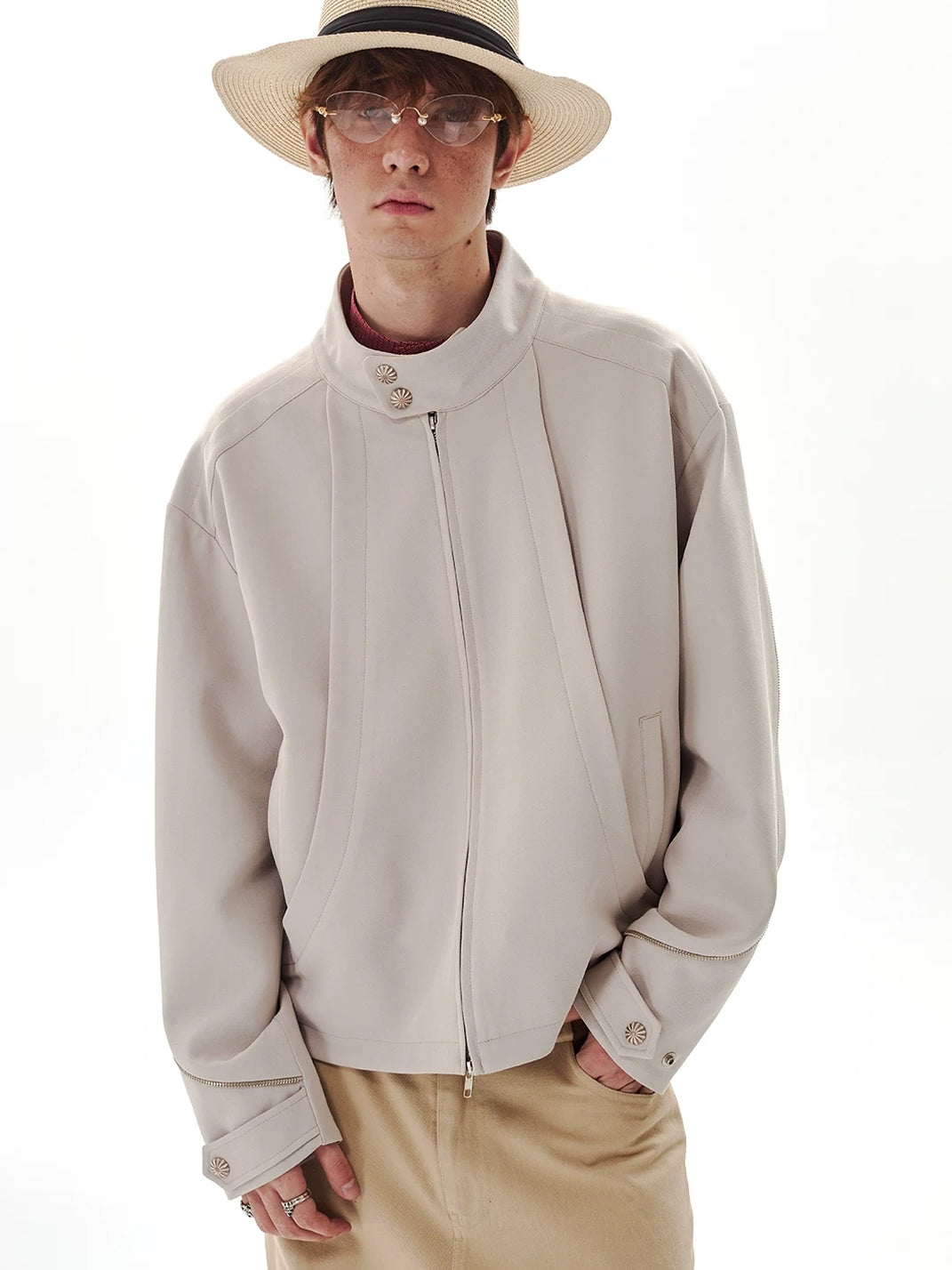 Curved Panel Cropped Stand Collar Jacket - product view 2