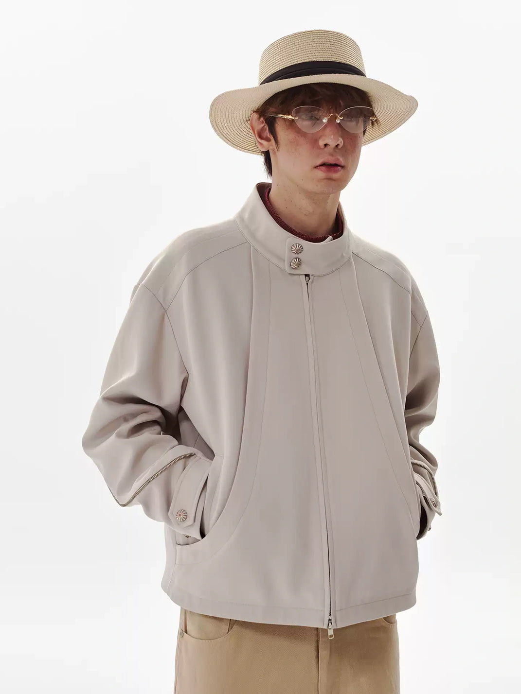 Curved Panel Cropped Stand Collar Jacket - product view 3