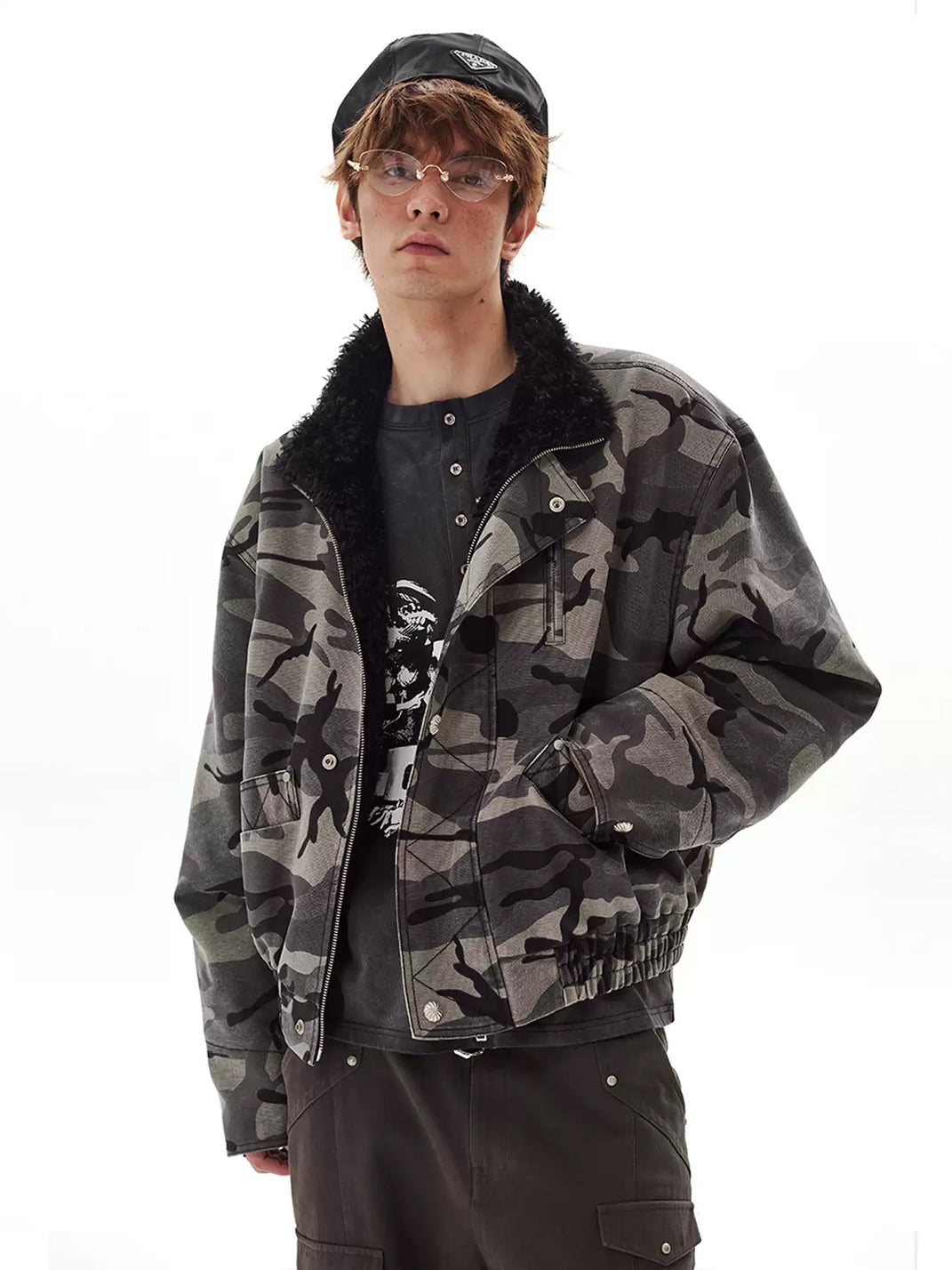 Camouflage Cropped Jacket With Plush Collar - product view 2