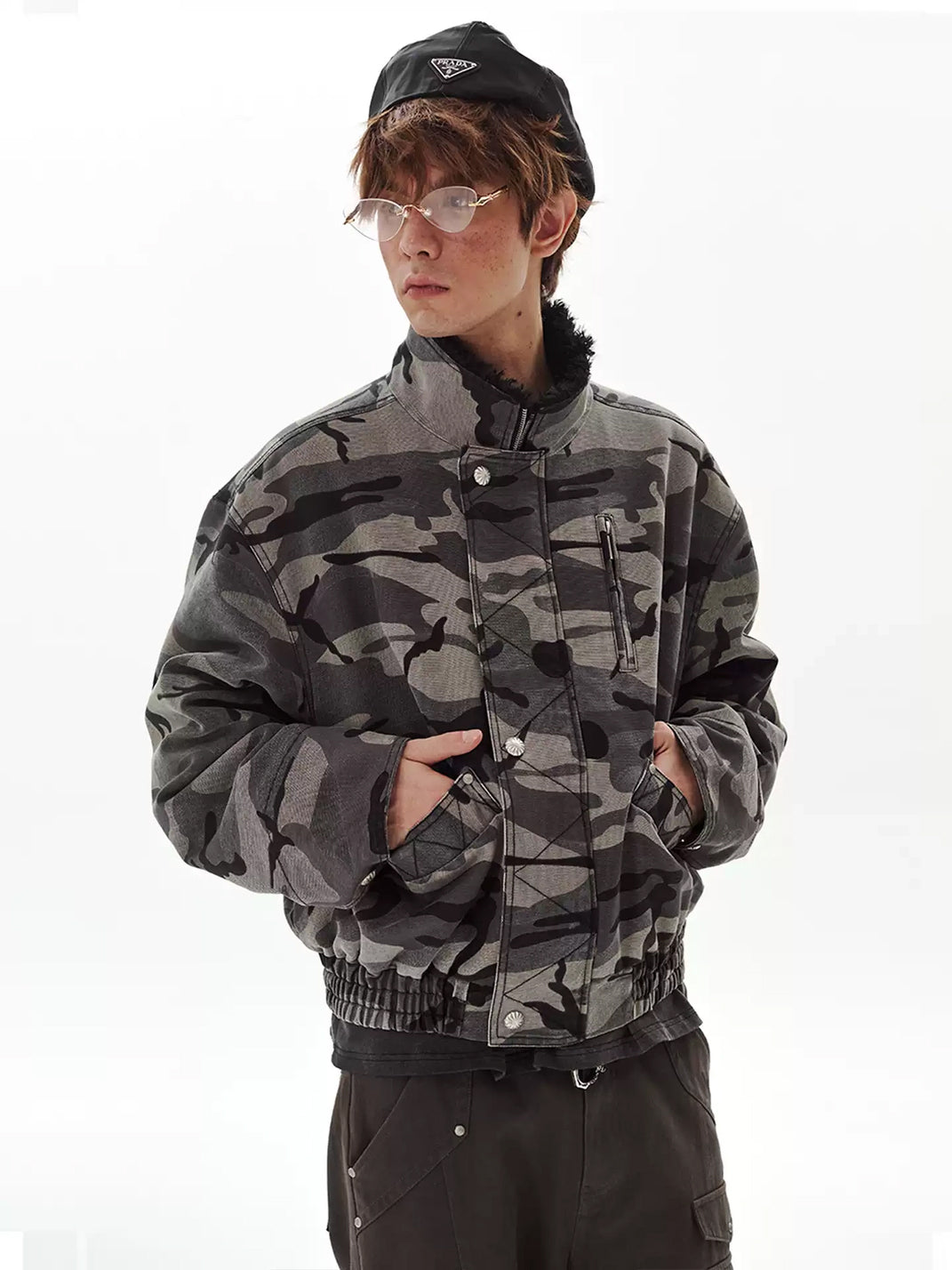Camouflage Cropped Jacket With Plush Collar - product view 3
