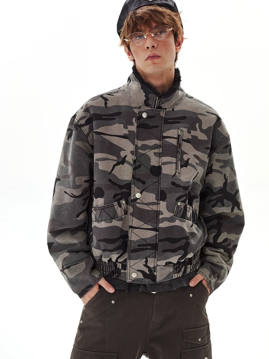 Camouflage Cropped Jacket With Plush Collar - product view 5