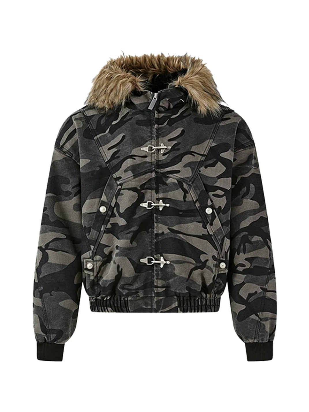 Faux Fur Hood Camouflage Cropped Jacket - product view 1