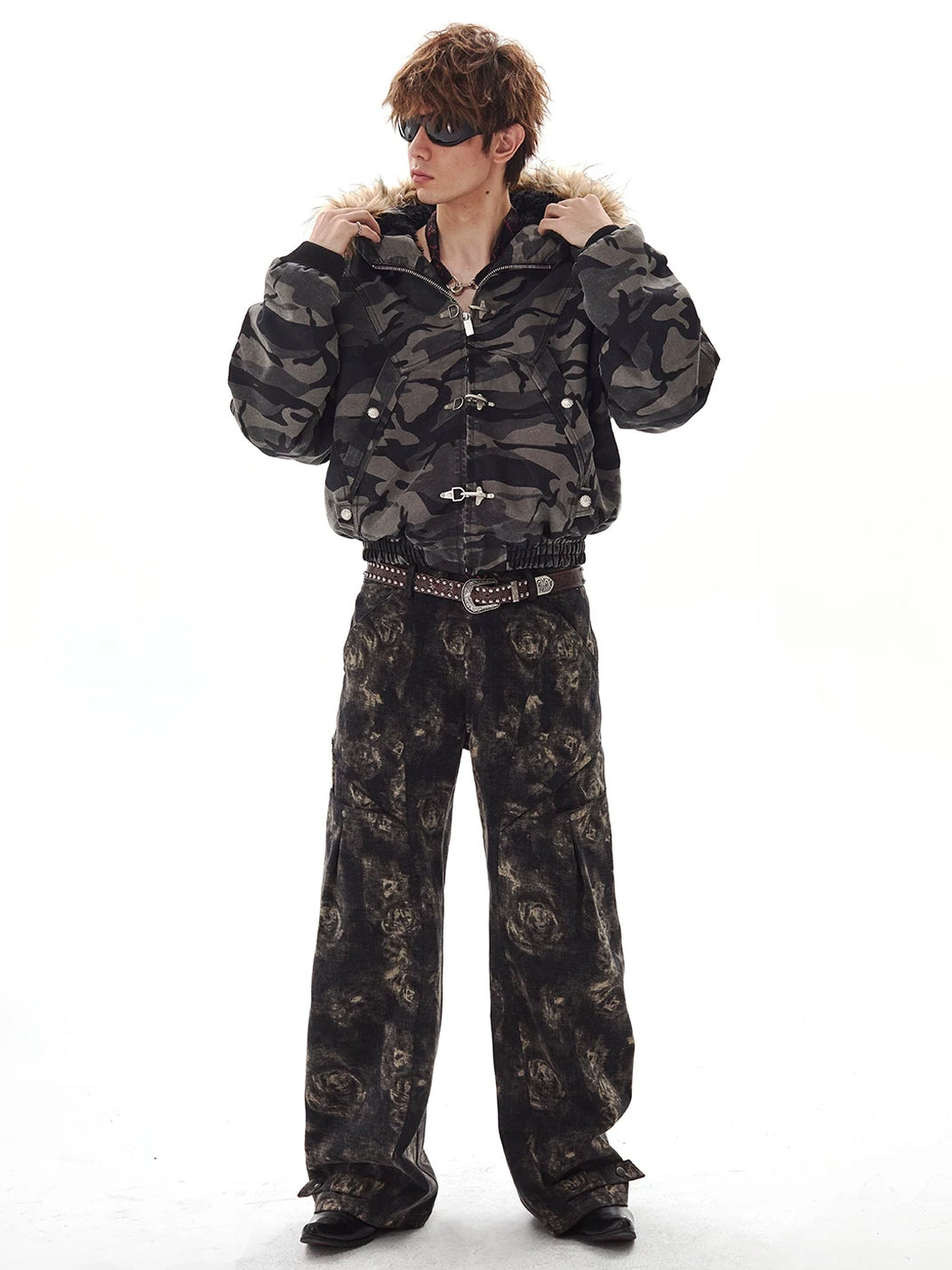 Faux Fur Hood Camouflage Cropped Jacket - product view 10