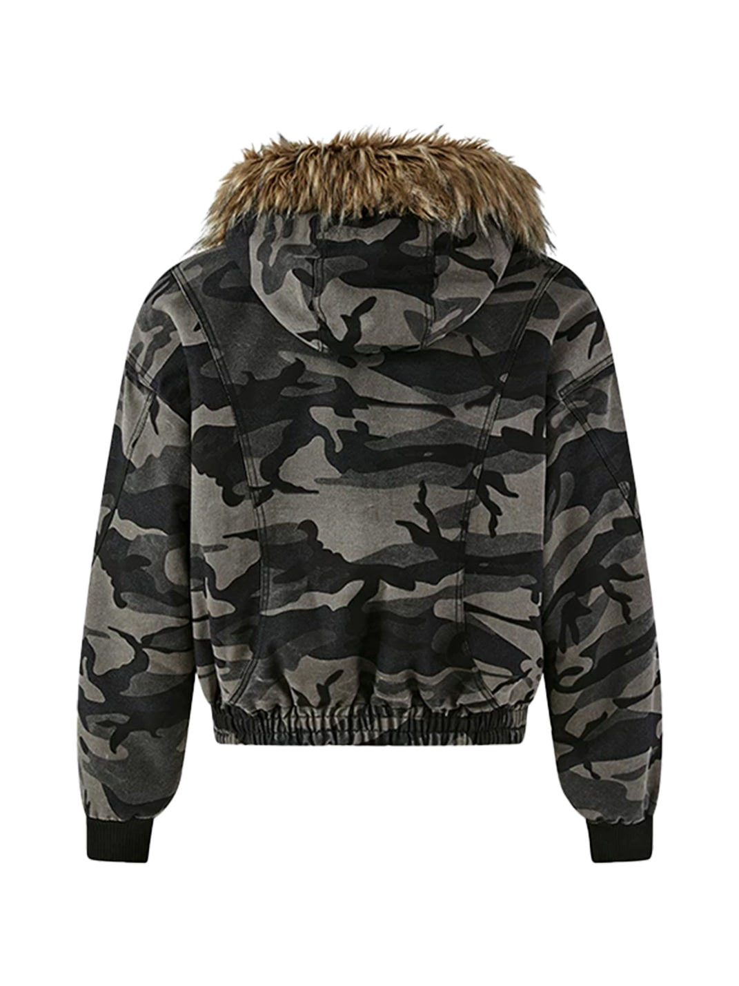 Faux Fur Hood Camouflage Cropped Jacket - product view 11
