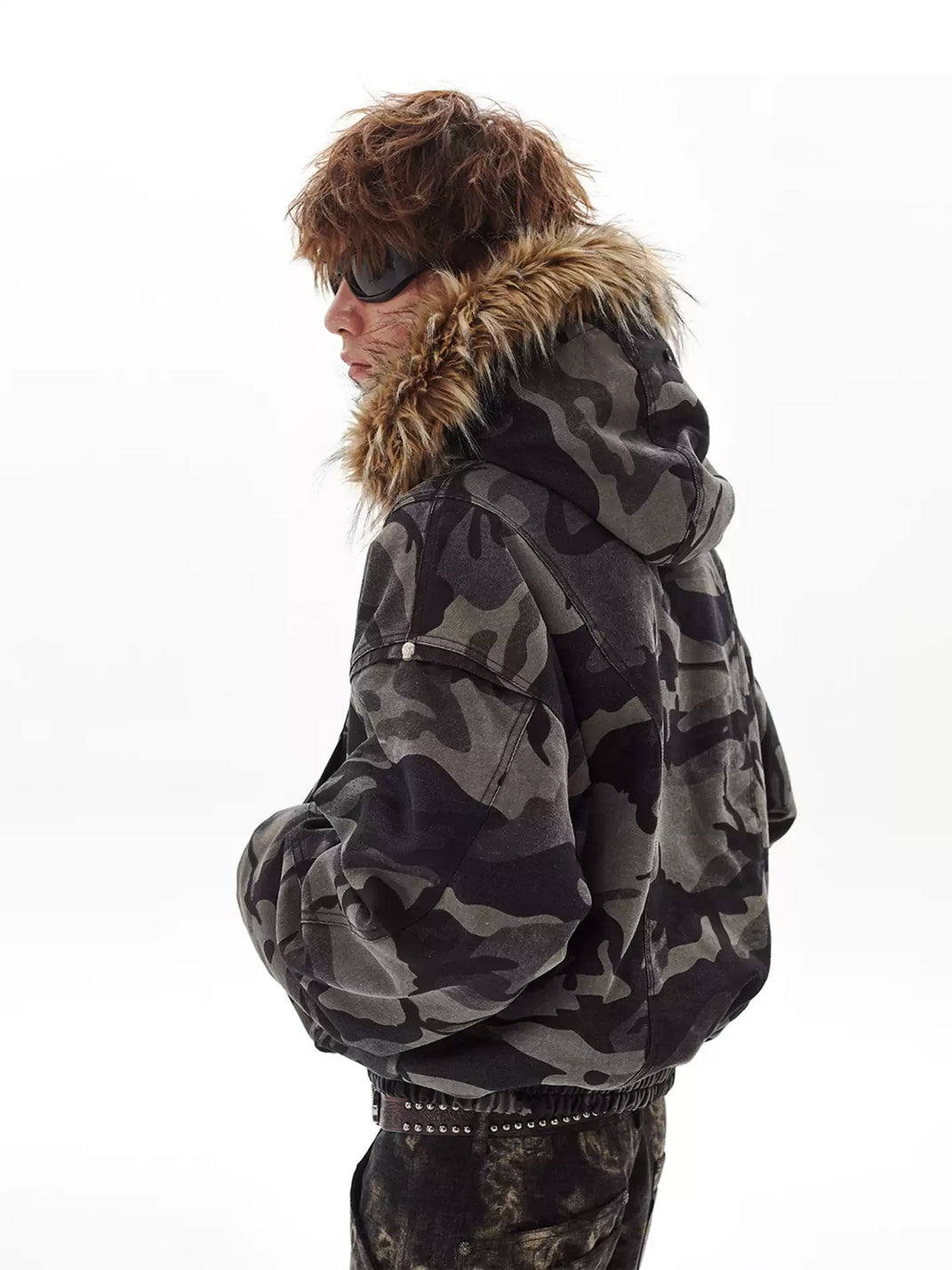 Faux Fur Hood Camouflage Cropped Jacket - product view 3