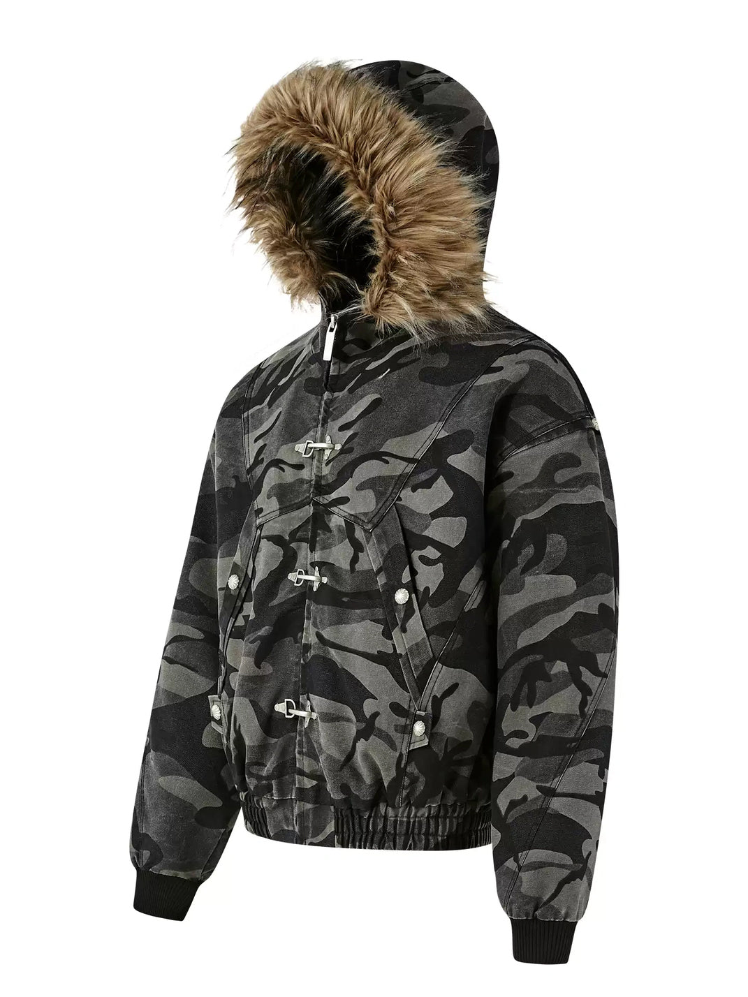 Faux Fur Hood Camouflage Cropped Jacket - product view 4