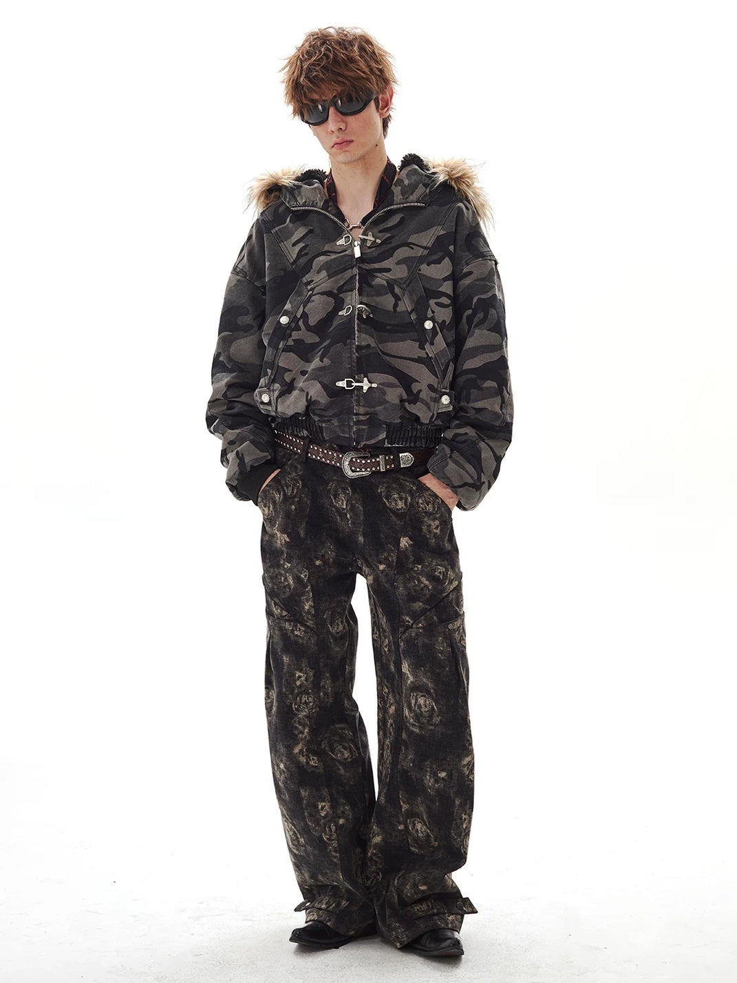 Faux Fur Hood Camouflage Cropped Jacket - product view 7