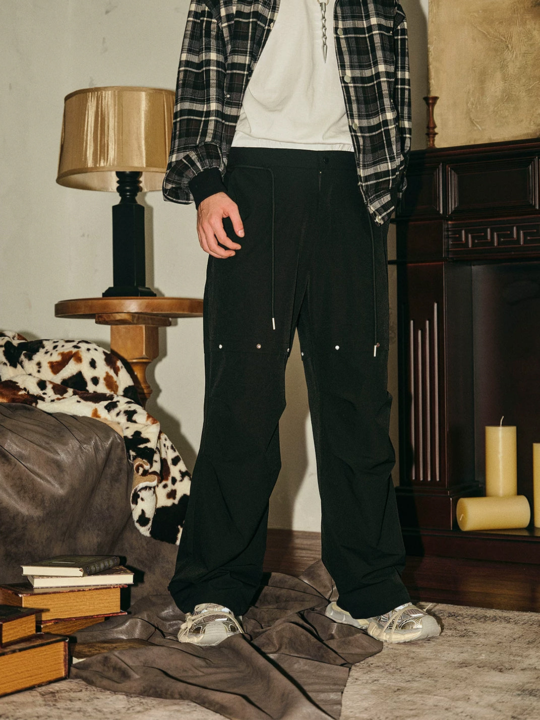 Black Gem Stud Parachute Trousers - product view 4