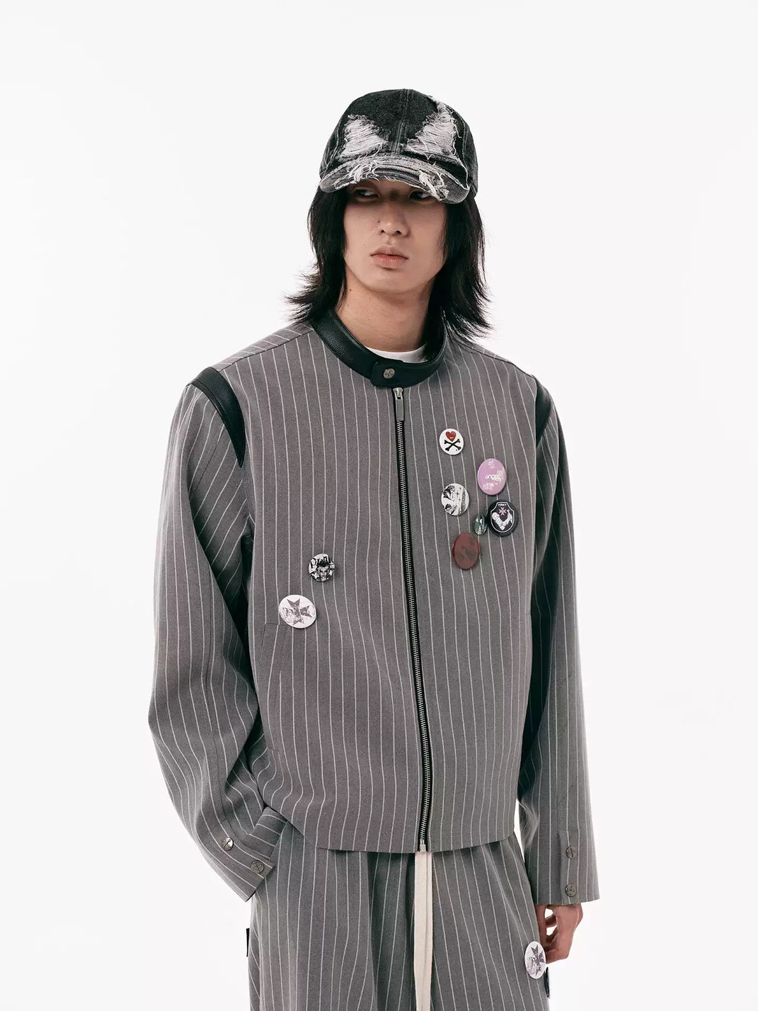 Pinstripe Badge Embroidered Cropped Zip Jacket - product view 2
