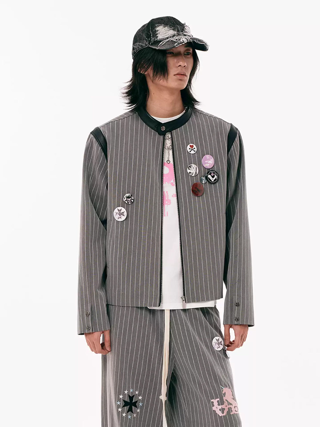 Pinstripe Badge Embroidered Cropped Zip Jacket - product view 3