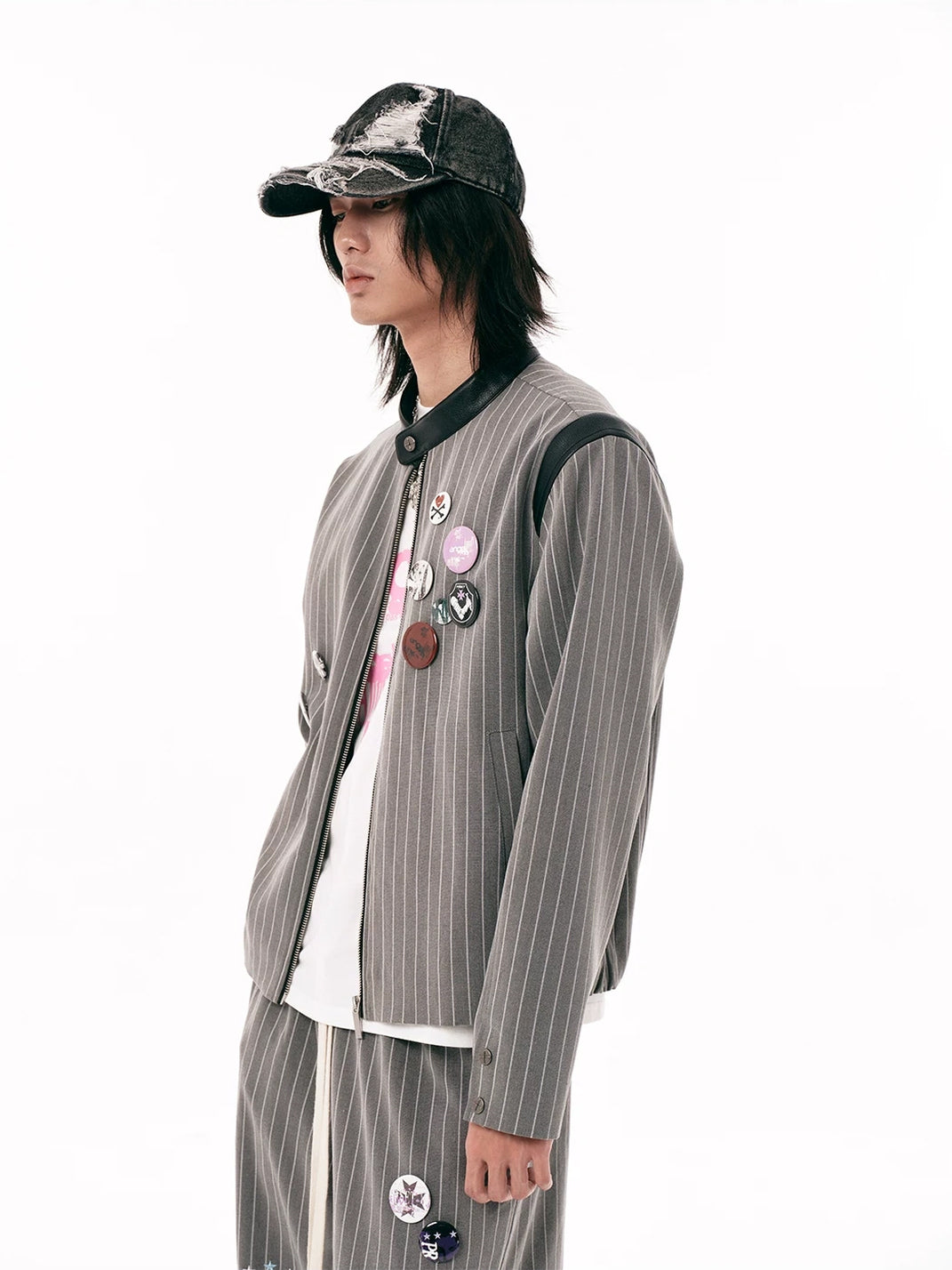 Pinstripe Badge Embroidered Cropped Zip Jacket - product view 6