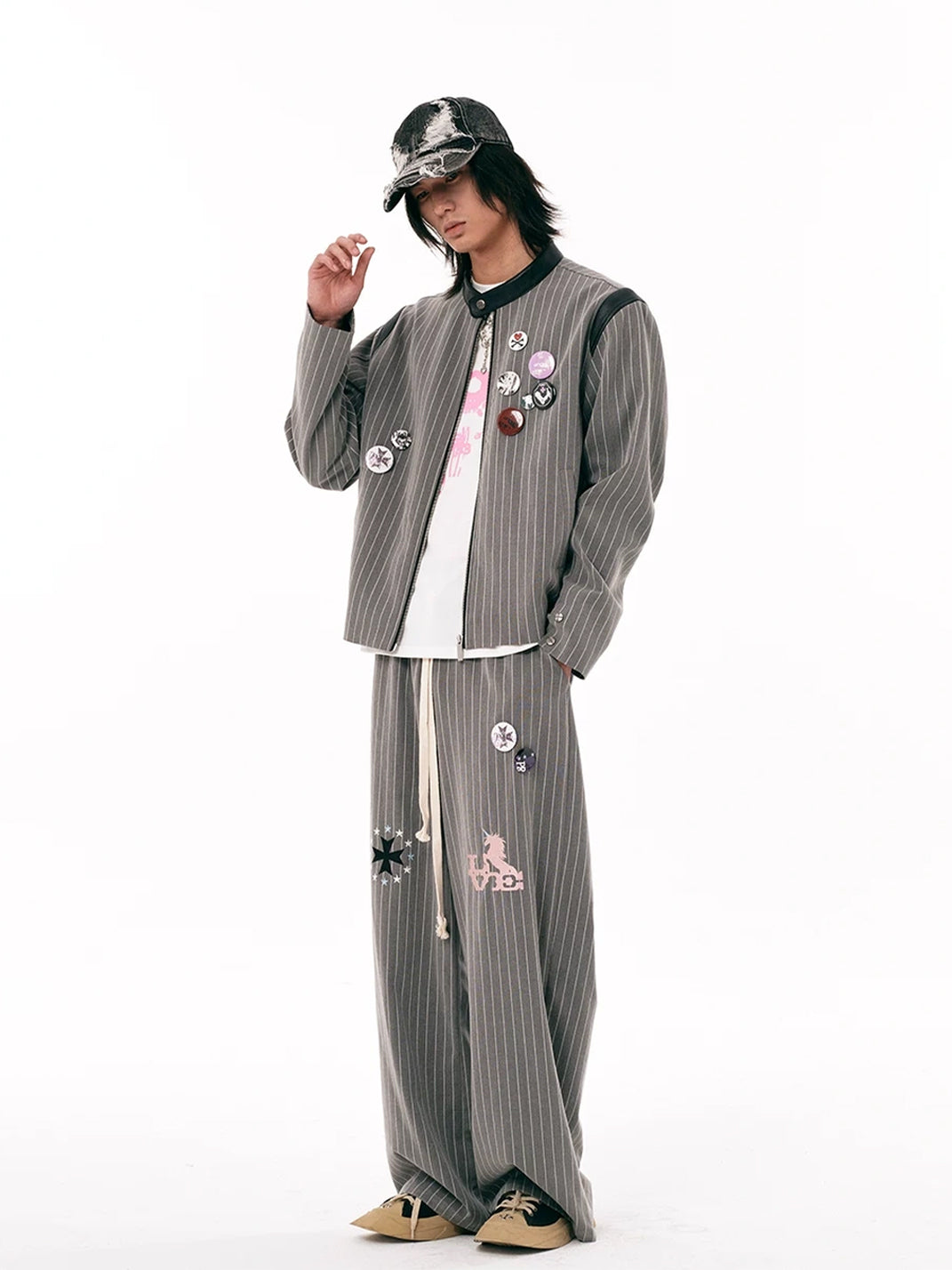 Pinstripe Badge Embroidered Cropped Zip Jacket - product view 9
