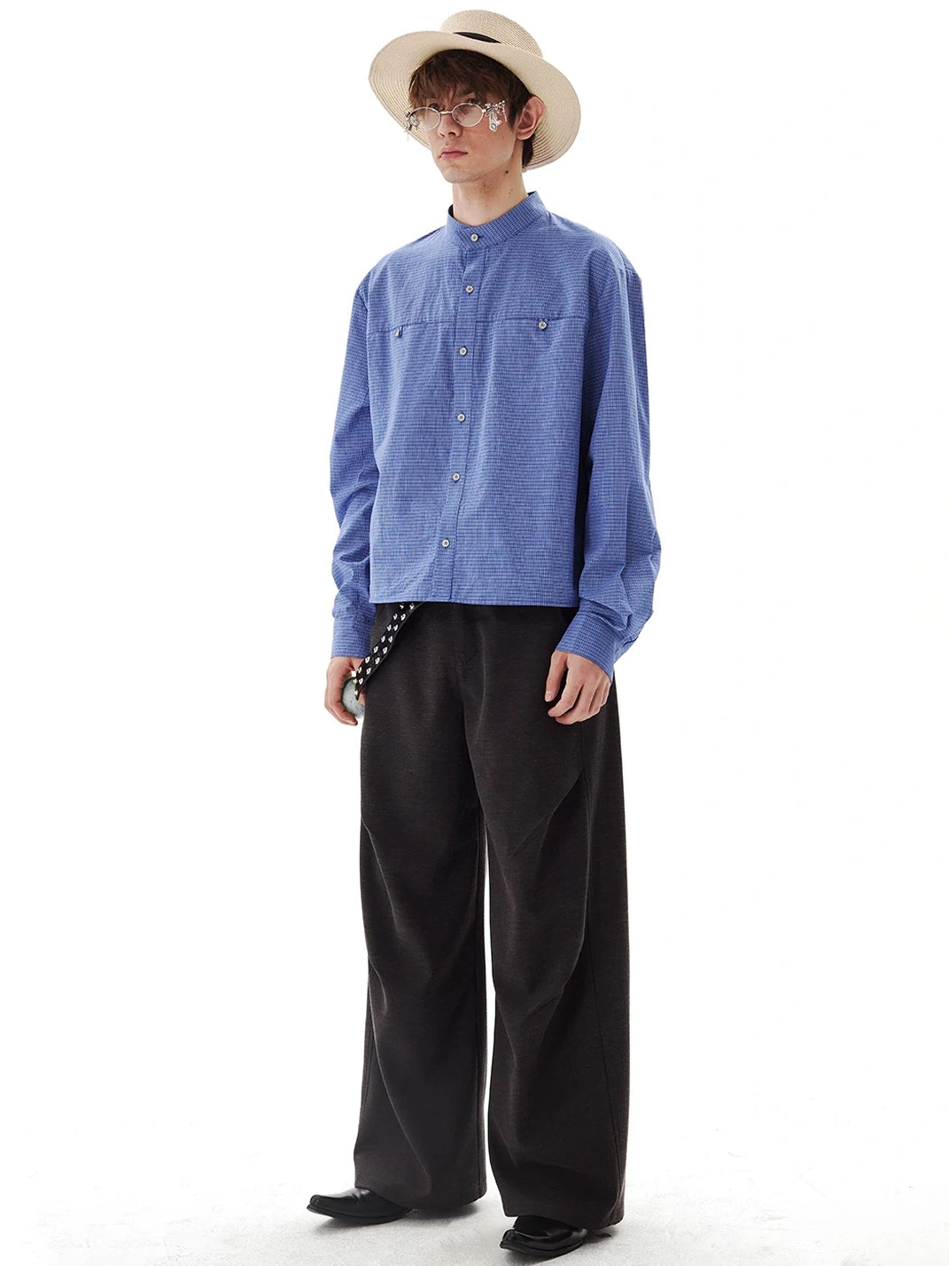 Small Check Stand Collar Cropped Pocket Shirt - view 3