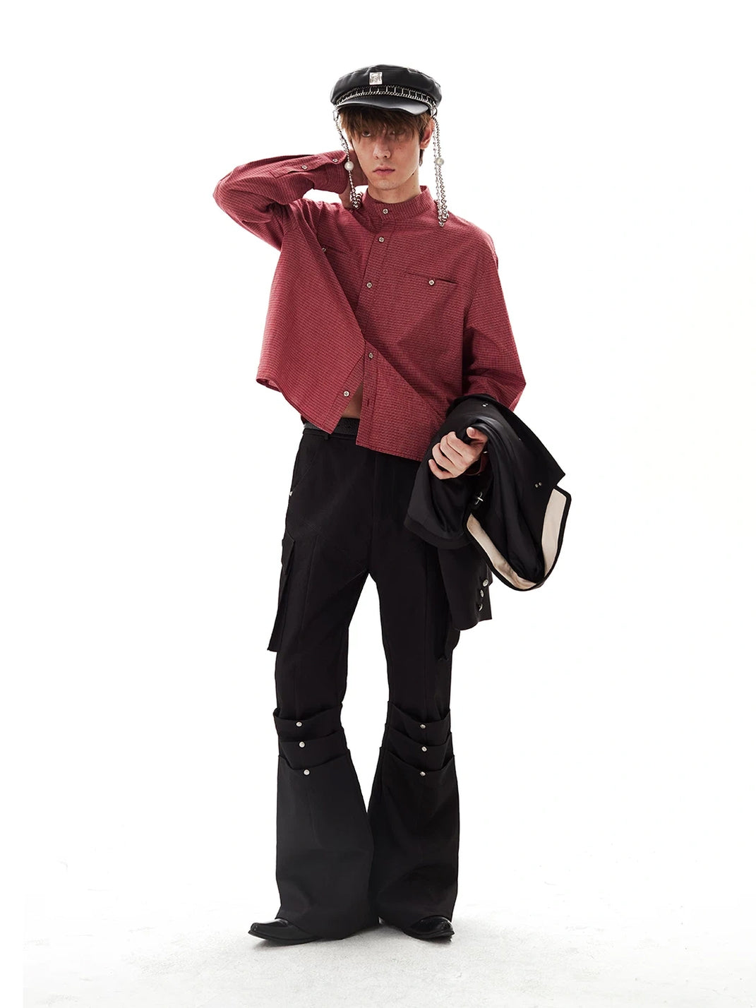 Small Check Stand Collar Cropped Pocket Shirt - view 7