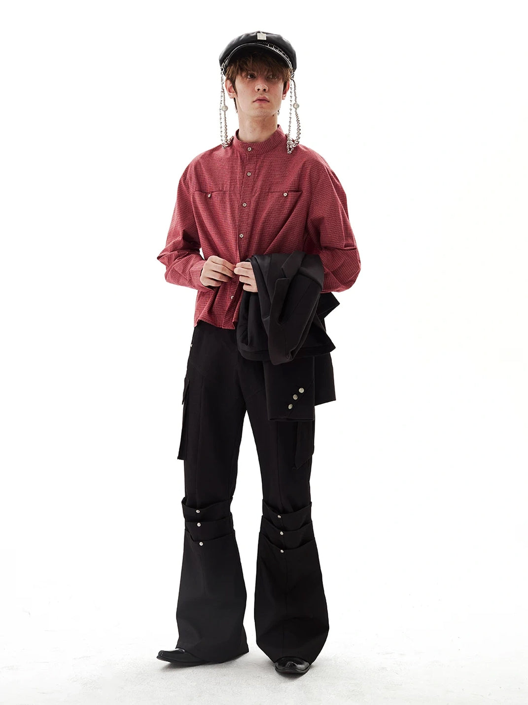 Small Check Stand Collar Cropped Pocket Shirt - view 8