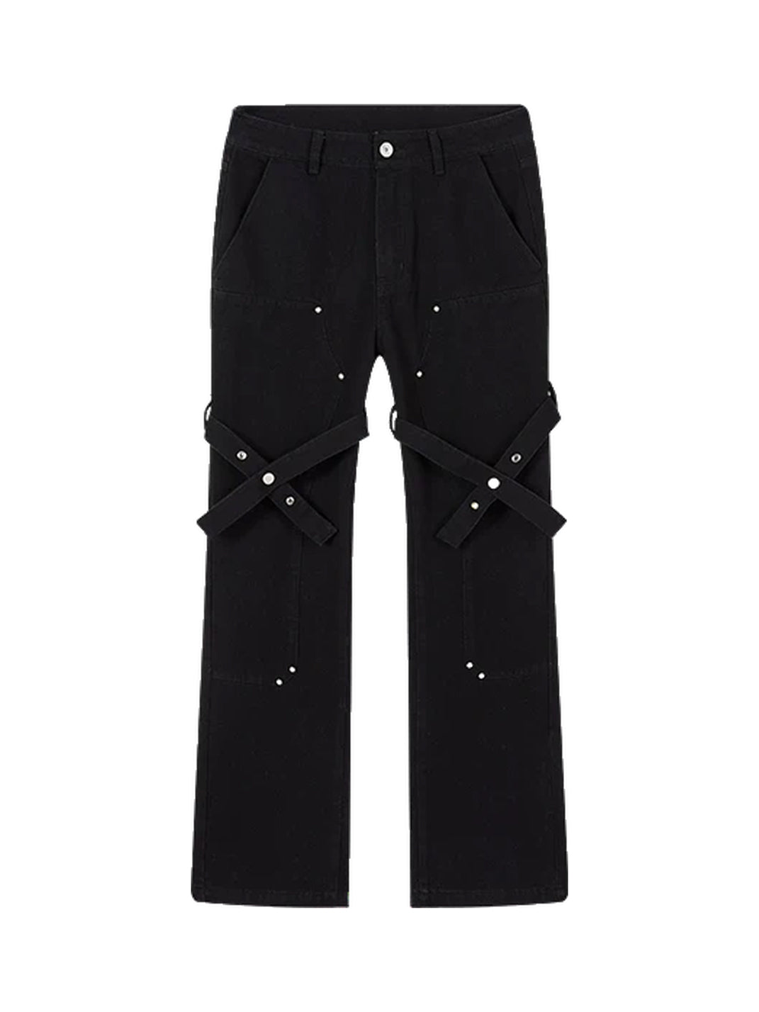 Black Cross Strap Studded Flare Jeans - product view 1