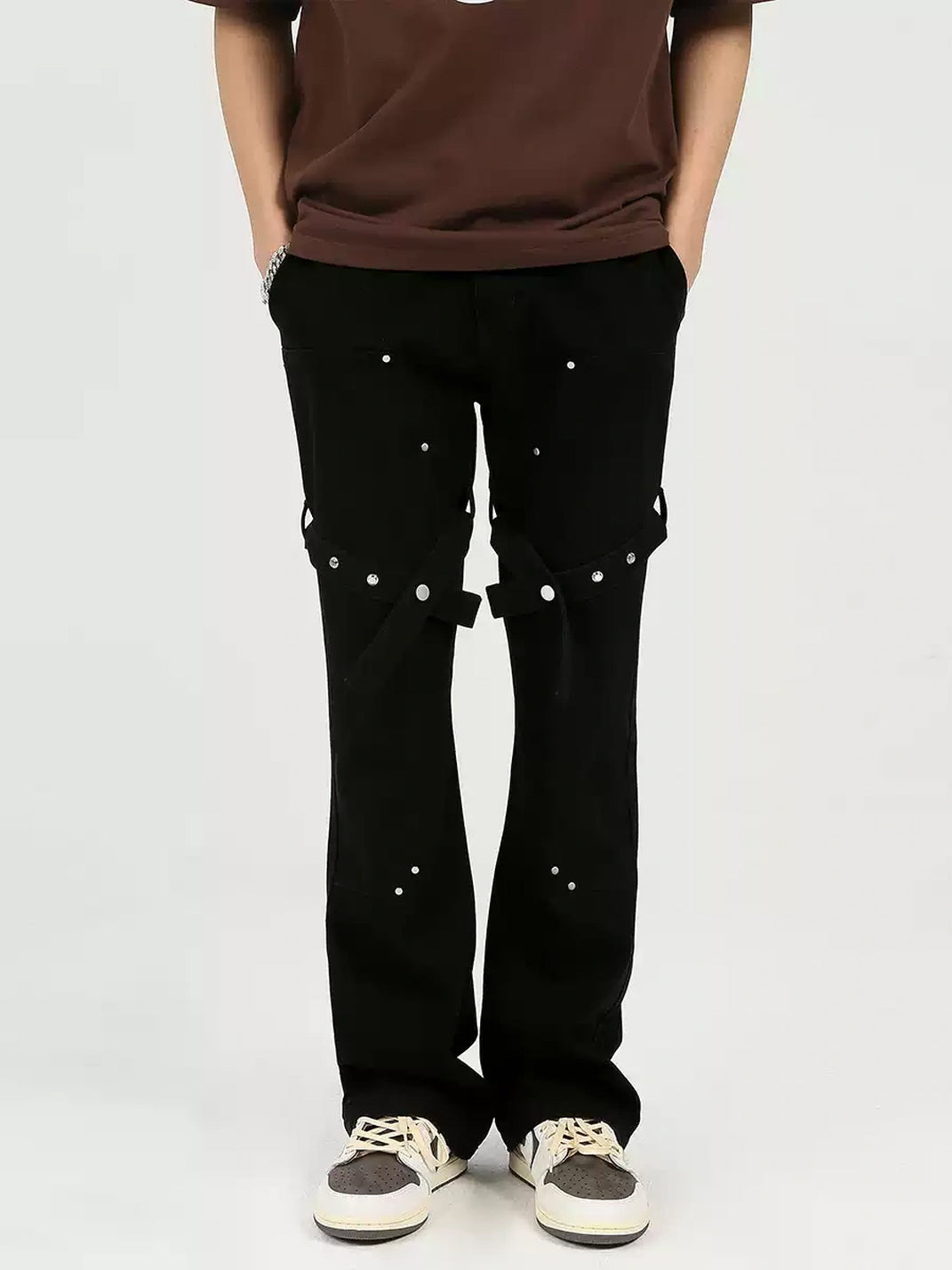 Black Cross Strap Studded Flare Jeans - product view 2
