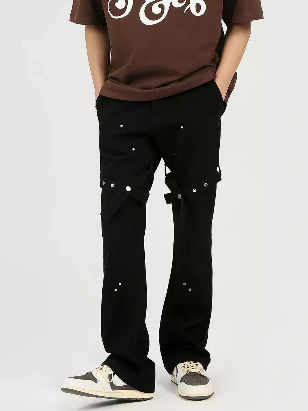 Black Cross Strap Studded Flare Jeans - product view 3
