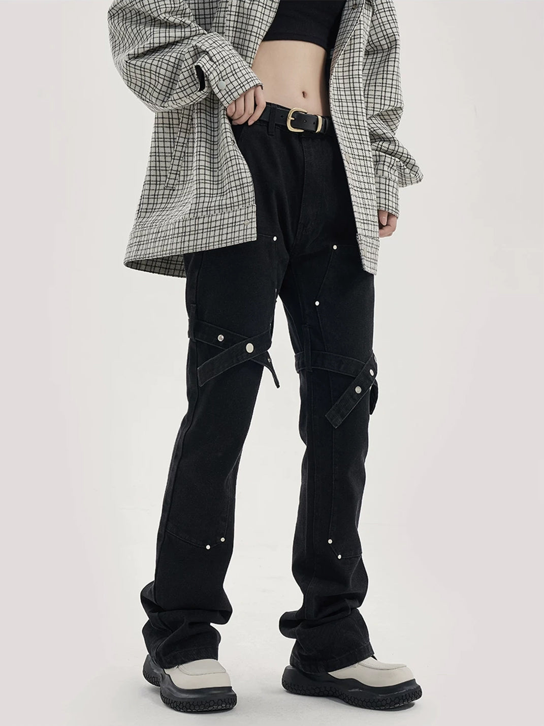 Black Cross Strap Studded Flare Jeans - product view 5