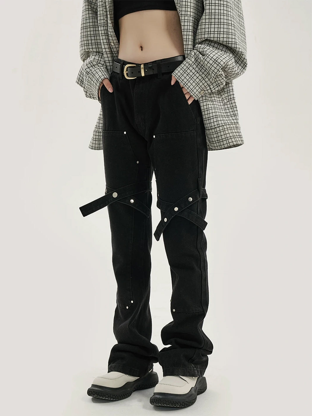 Black Cross Strap Studded Flare Jeans - product view 6