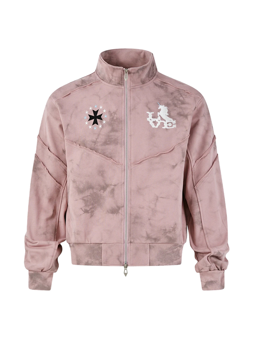 Pink Distressed Embroidered Cotton Zip Jacket - front view