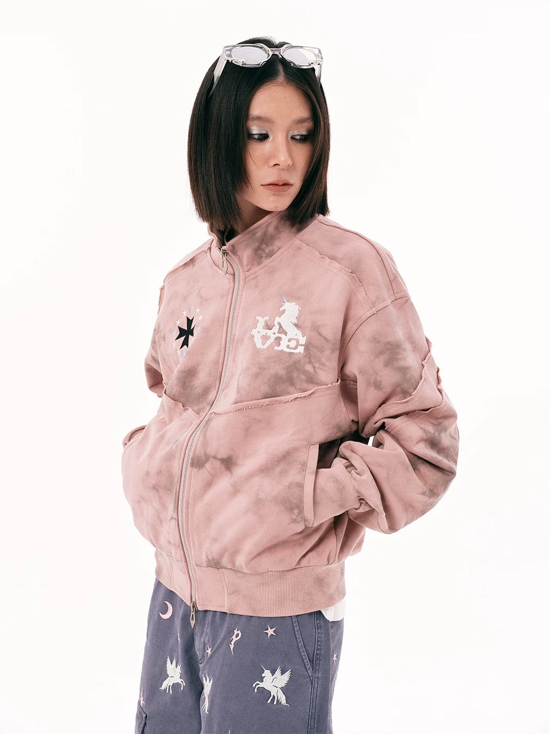 Pink Distressed Embroidered Cotton Zip Jacket - product view 3