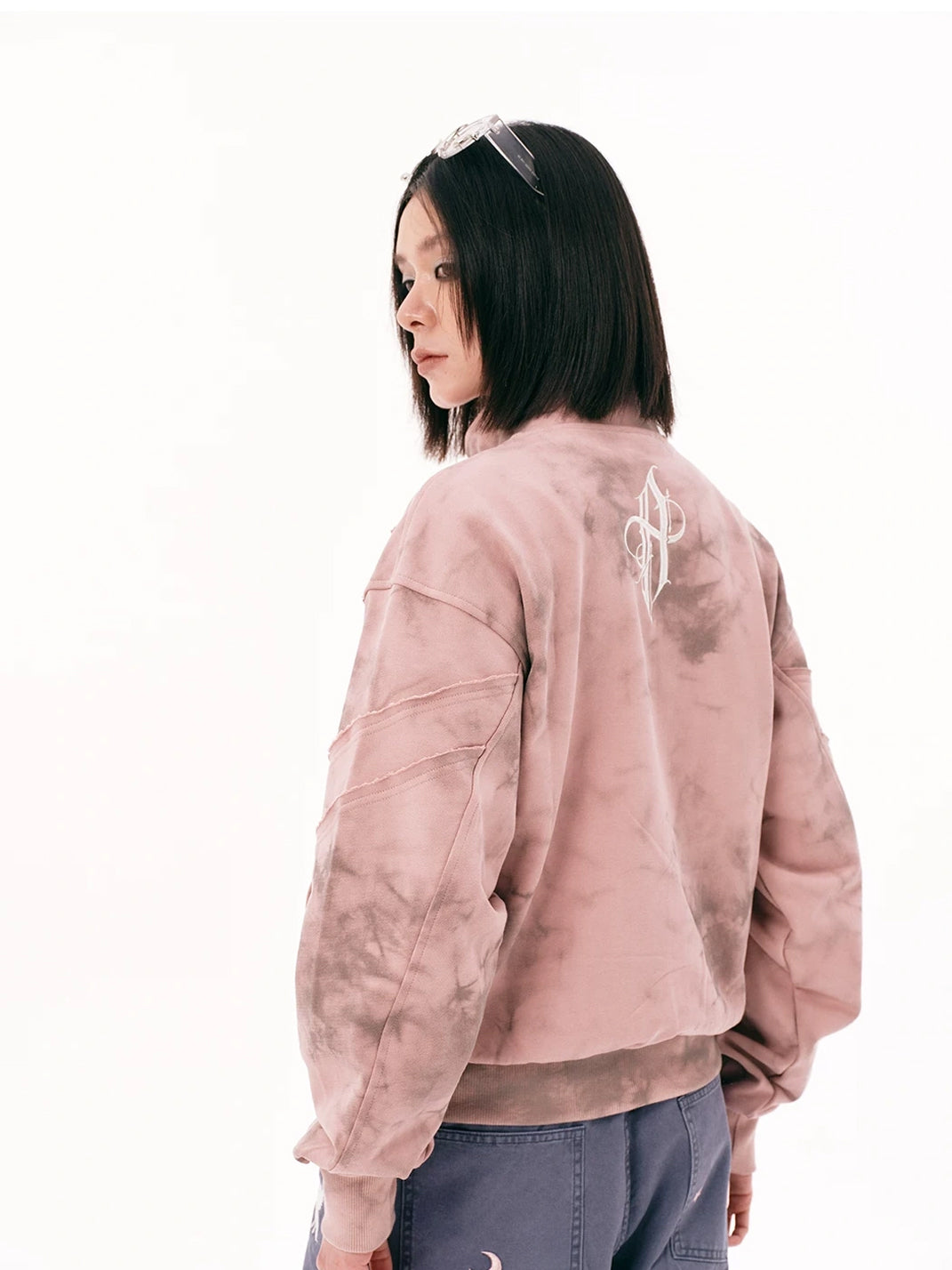 Pink Distressed Embroidered Cotton Zip Jacket - product view 5