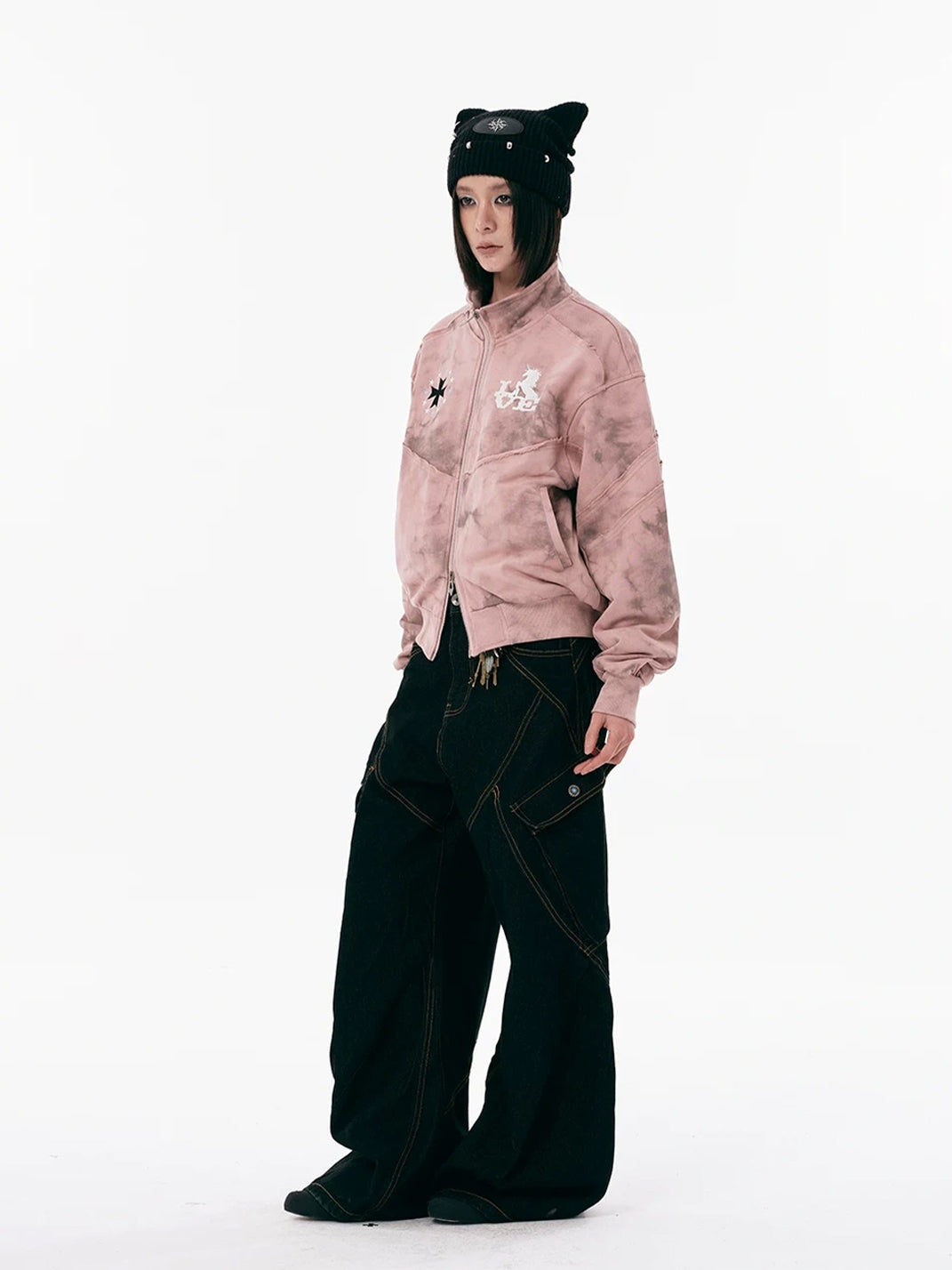 Pink Distressed Embroidered Cotton Zip Jacket - product view 8