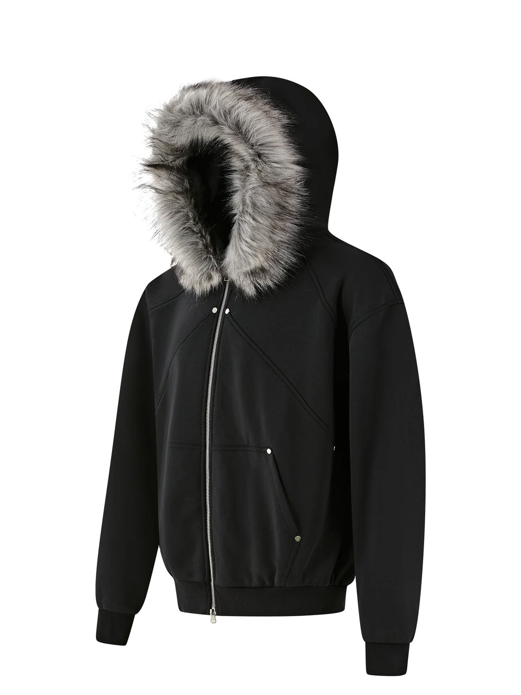 Faux Fur Hood Studded Pocket Jacket - front view
