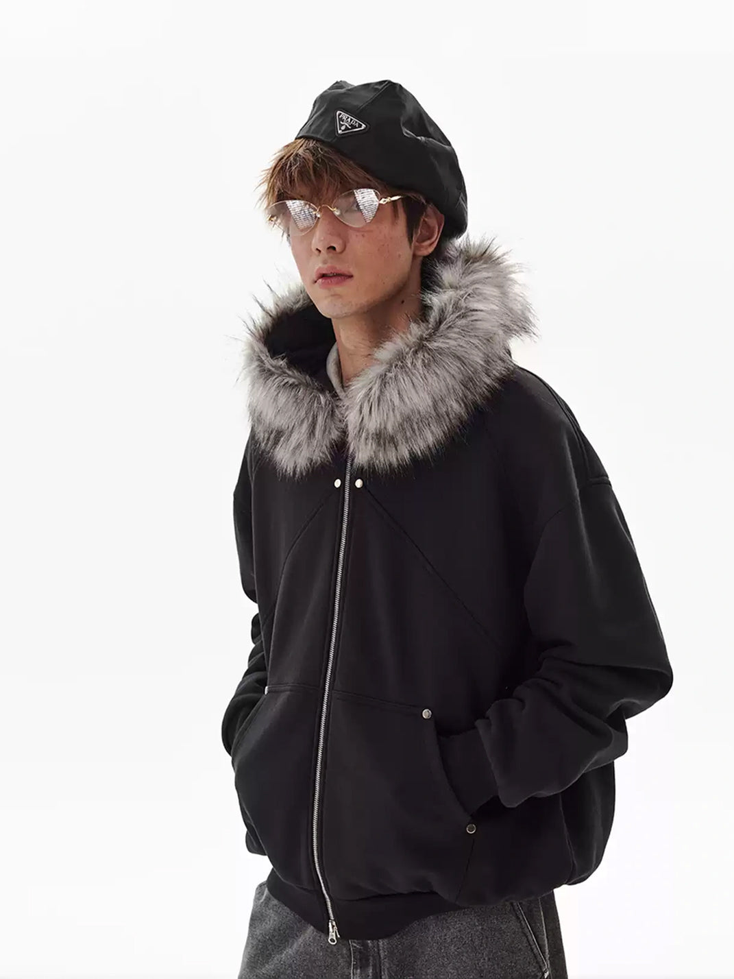 Faux Fur Hood Studded Pocket Jacket - product view 2