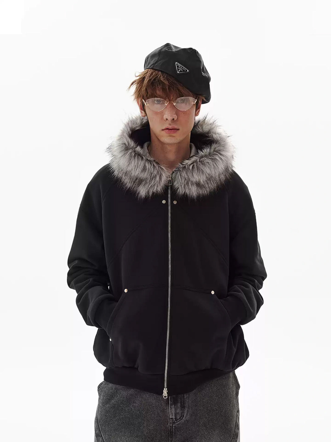 Faux Fur Hood Studded Pocket Jacket - product view 3