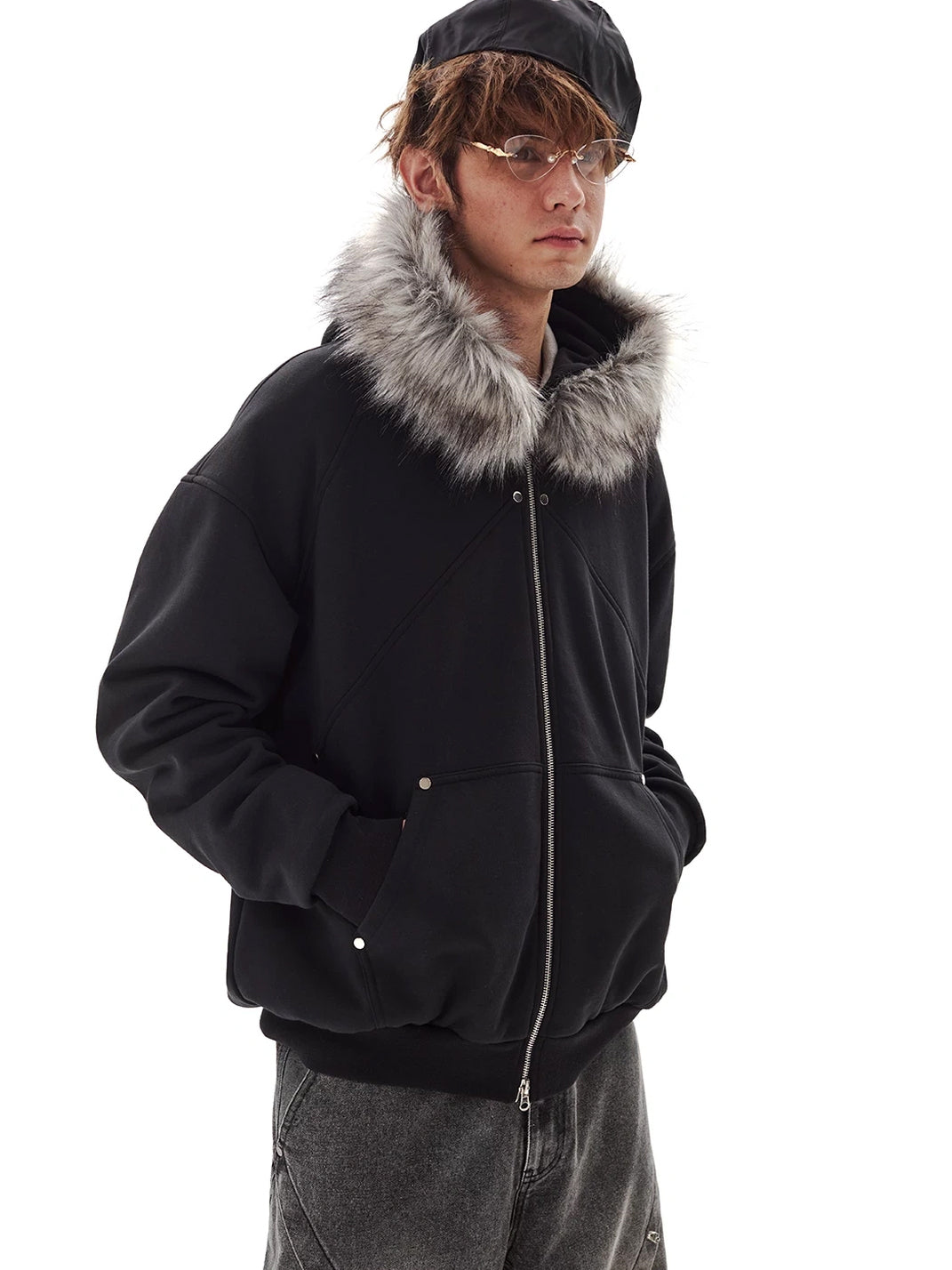 Faux Fur Hood Studded Pocket Jacket - product view 5