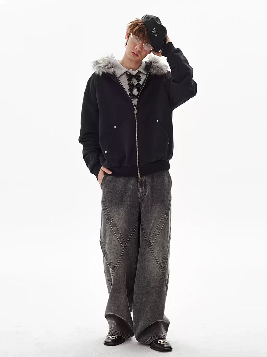 Faux Fur Hood Studded Pocket Jacket - product view 6