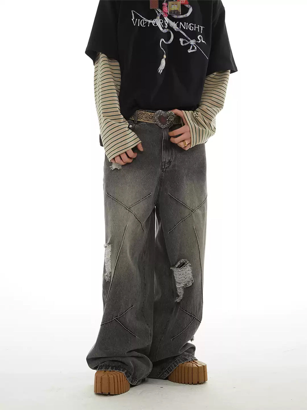 Cross Seam Washed Gray Distressed Wide Jeans - view 2